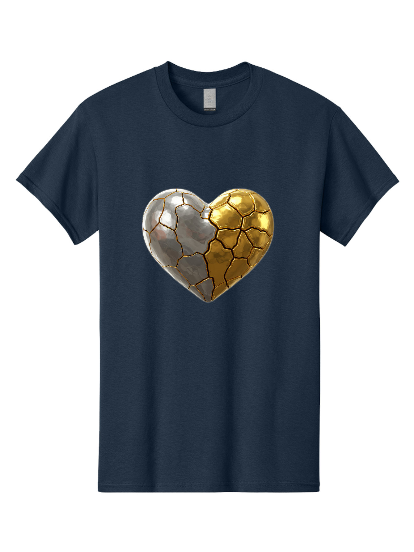 Kintsugi-Heart-5 Men'S Graphic Tee, 100% Cotton, Comfortable Casual Summer Wear, Machine Washable, Heart Shape, Metal Surface, Cracked Texture, Silver And Gold Elements, Kintsugi Effect, Love Symbol, Metallic Design, Broken Heart, Bae060 13