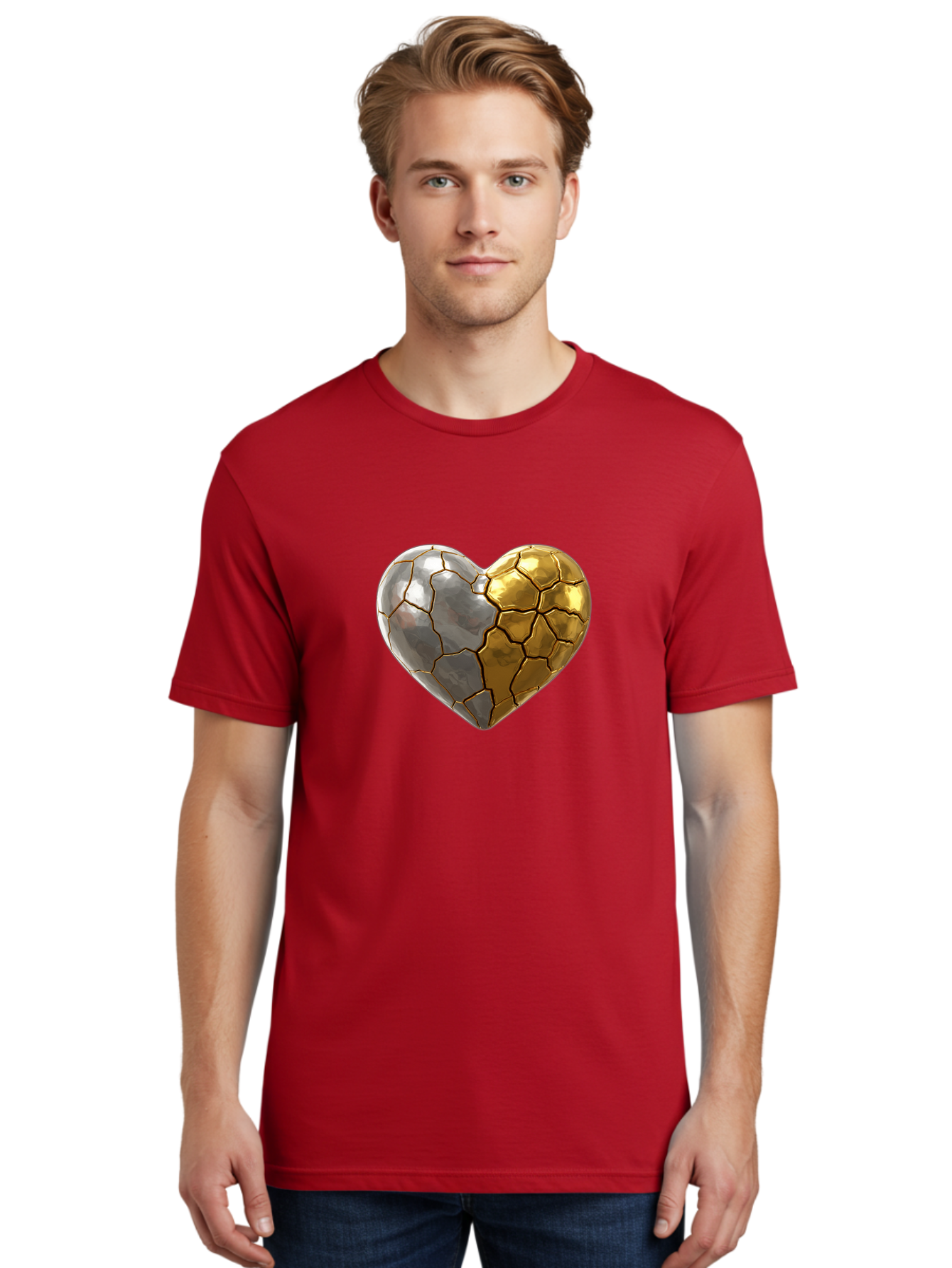 Kintsugi-Heart-5 Men'S Graphic Tee, 100% Cotton, Comfortable Casual Summer Wear, Machine Washable, Heart Shape, Metal Surface, Cracked Texture, Silver And Gold Elements, Kintsugi Effect, Love Symbol, Metallic Design, Broken Heart, Bae060 23