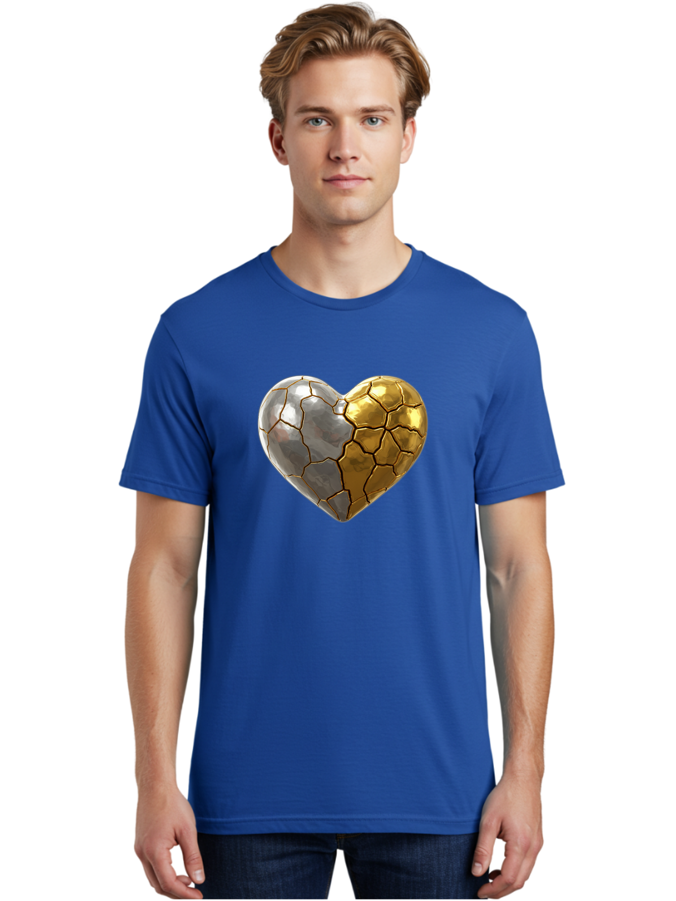 Kintsugi-Heart-5 Men'S Graphic Tee, 100% Cotton, Comfortable Casual Summer Wear, Machine Washable, Heart Shape, Metal Surface, Cracked Texture, Silver And Gold Elements, Kintsugi Effect, Love Symbol, Metallic Design, Broken Heart, Bae060 21