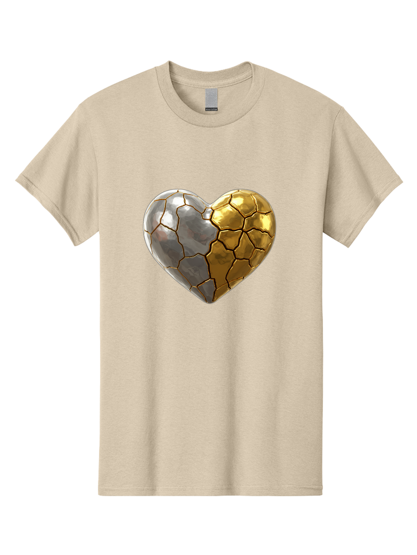 Kintsugi-Heart-5 Men'S Graphic Tee, 100% Cotton, Comfortable Casual Summer Wear, Machine Washable, Heart Shape, Metal Surface, Cracked Texture, Silver And Gold Elements, Kintsugi Effect, Love Symbol, Metallic Design, Broken Heart, Bae060 7