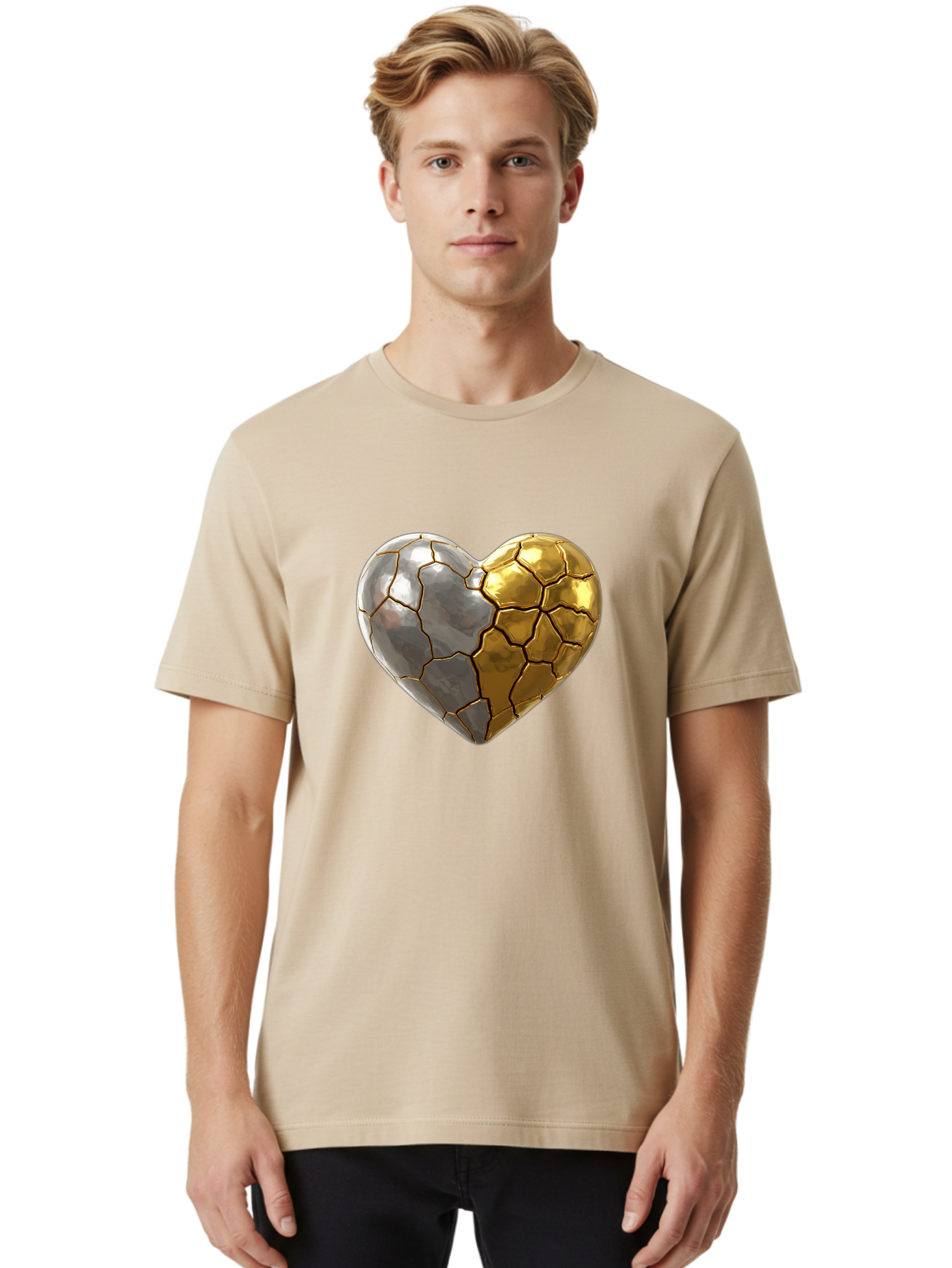 Kintsugi-Heart-5 Men'S Graphic Tee, 100% Cotton, Comfortable Casual Summer Wear, Machine Washable, Heart Shape, Metal Surface, Cracked Texture, Silver And Gold Elements, Kintsugi Effect, Love Symbol, Metallic Design, Broken Heart, Bae060 22