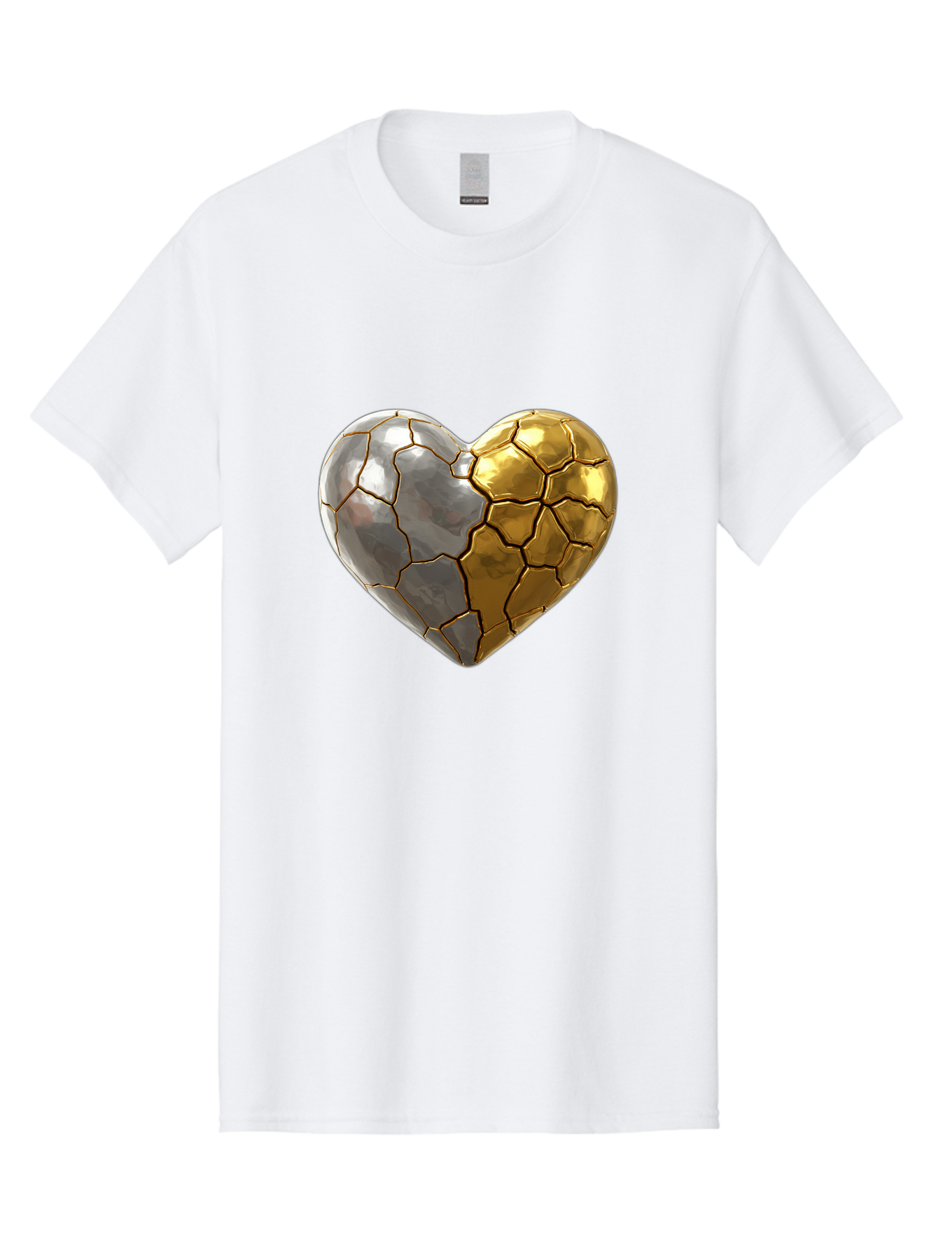 Kintsugi-Heart-5 Men'S Graphic Tee, 100% Cotton, Comfortable Casual Summer Wear, Machine Washable, Heart Shape, Metal Surface, Cracked Texture, Silver And Gold Elements, Kintsugi Effect, Love Symbol, Metallic Design, Broken Heart, Bae060 5