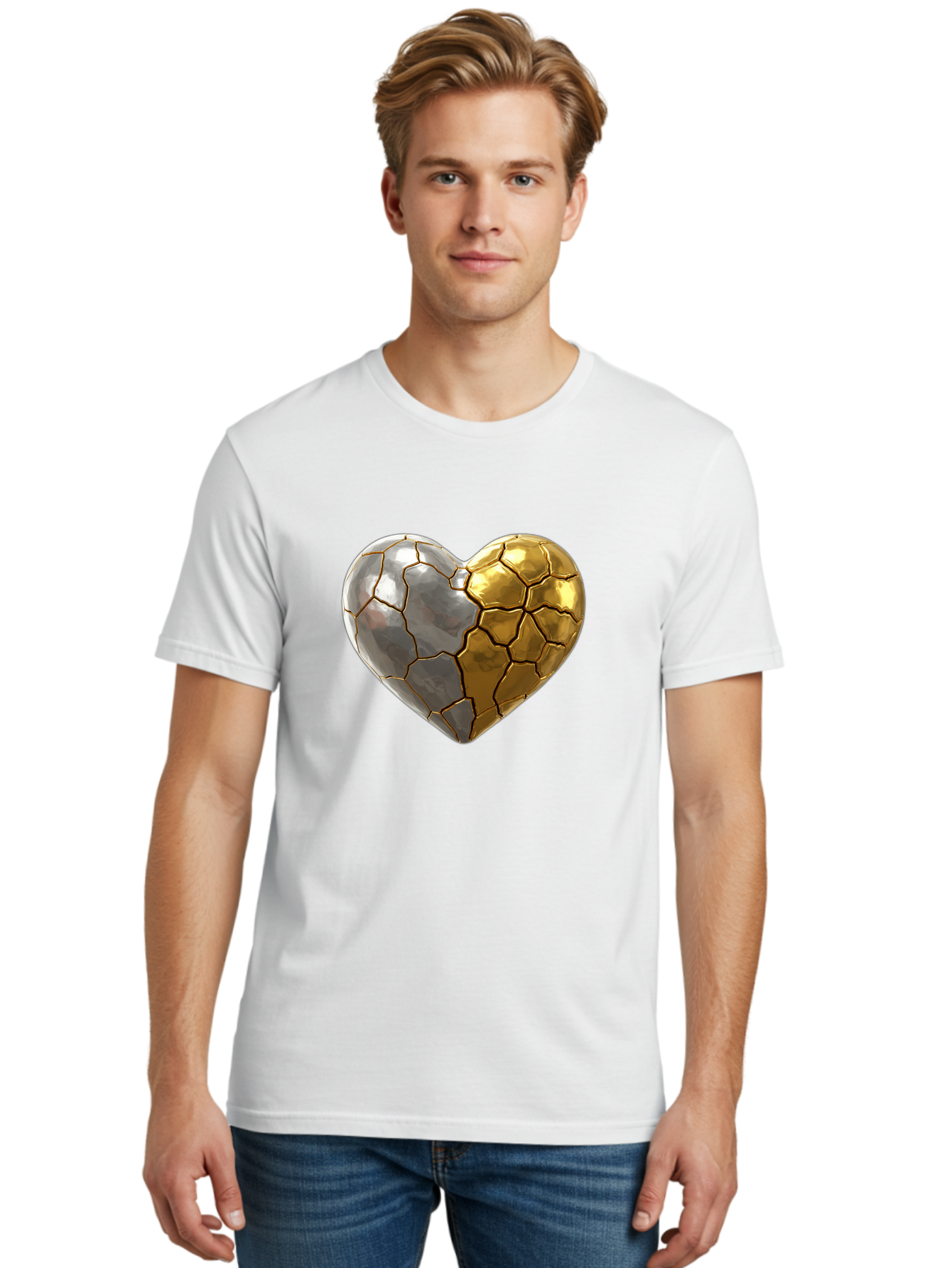Kintsugi-Heart-5 Men'S Graphic Tee, 100% Cotton, Comfortable Casual Summer Wear, Machine Washable, Heart Shape, Metal Surface, Cracked Texture, Silver And Gold Elements, Kintsugi Effect, Love Symbol, Metallic Design, Broken Heart, Bae060 20