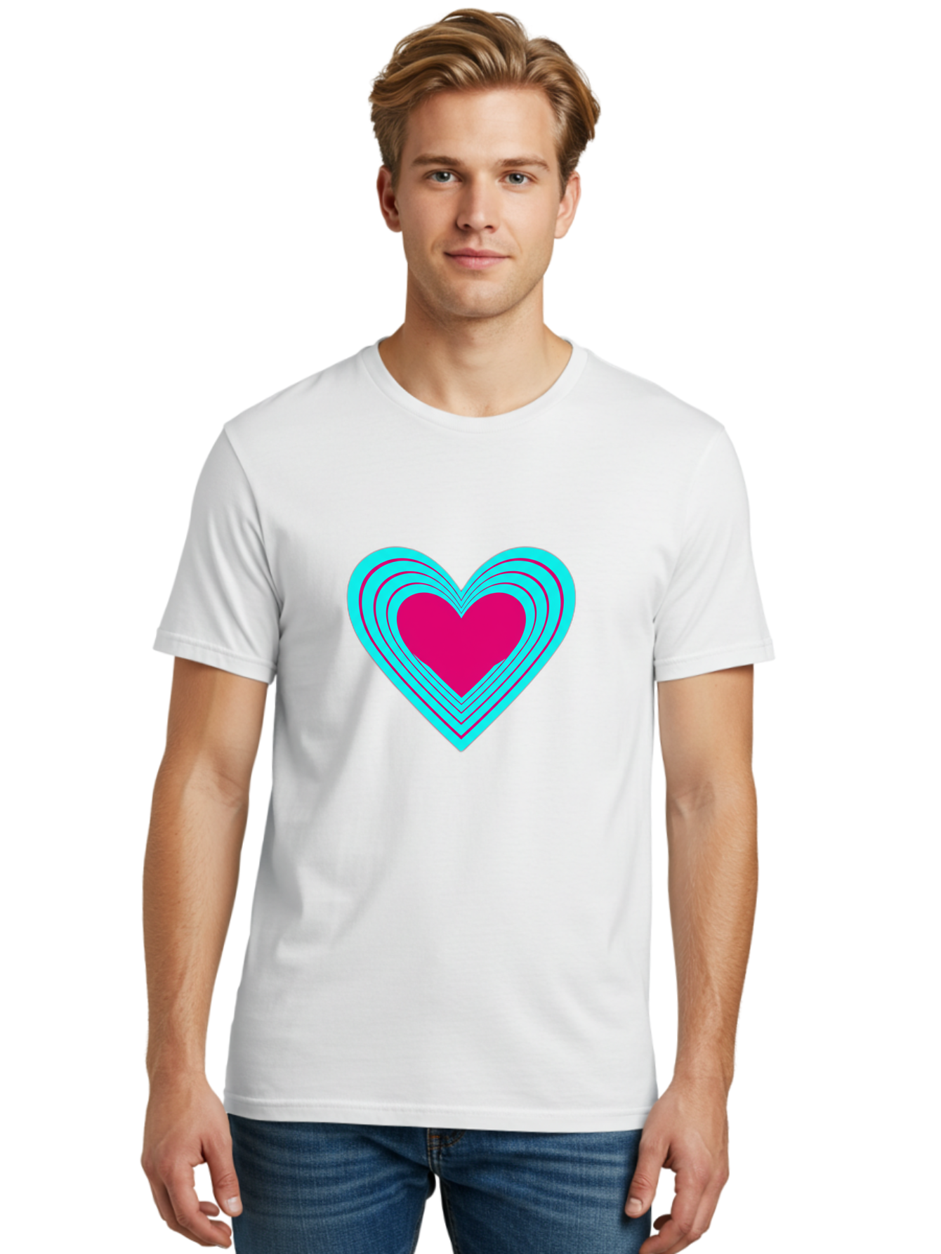 Layered-Heart Men'S Graphic Tee, 100% Cotton, Comfortable Casual Summer Wear, Machine Washable, Layered Heart, Pink And Blue Heart, Love Symbol, Valentine'S Day, Heart Shape, Digital Art, Graphic Design, Layered Effect Bae065 30