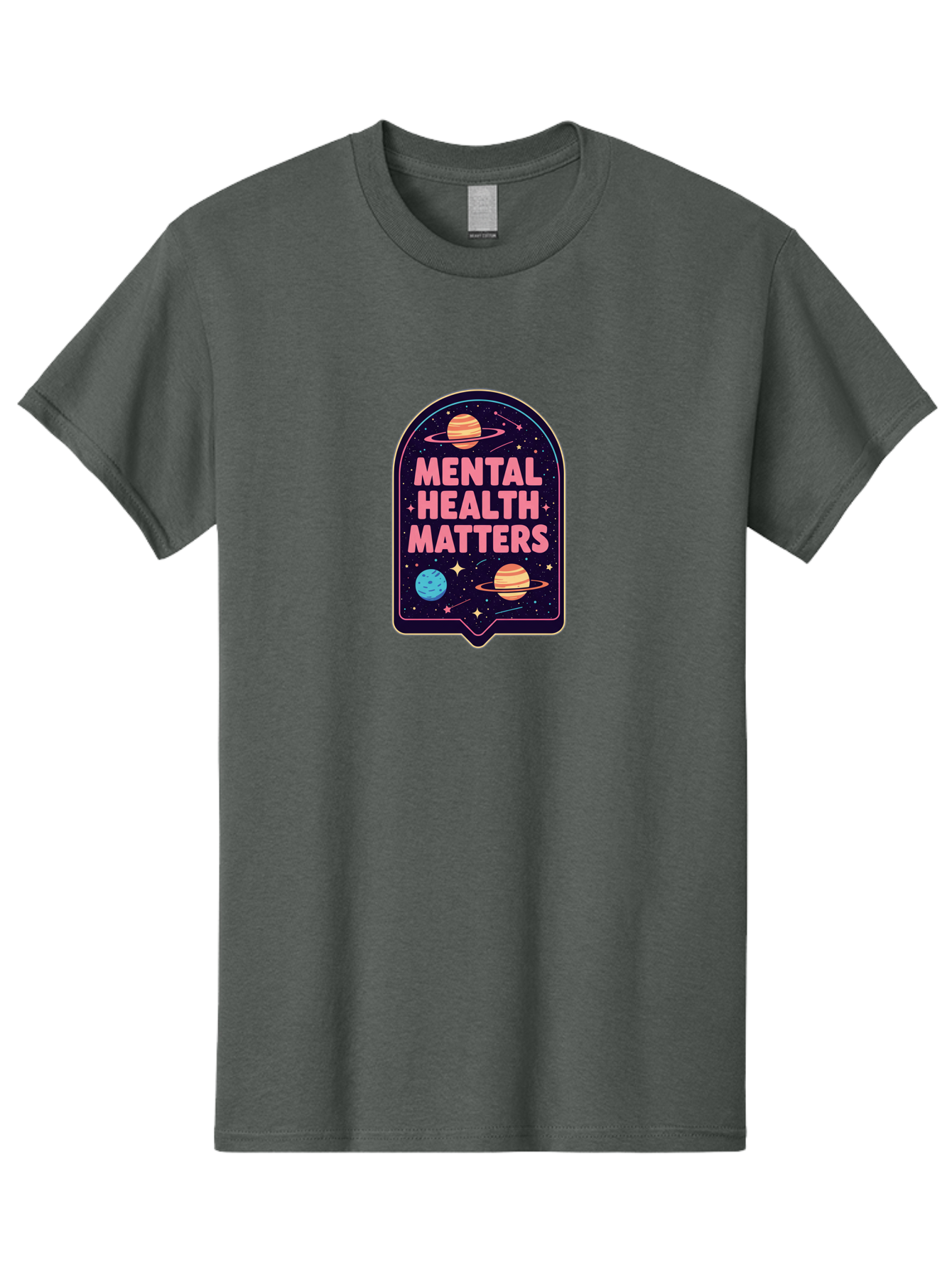 Mental-Health-Matters-4 Men'S Graphic Tee, 100% Cotton, Comfortable Casual Summer Wear, Machine Washable, Mental Health Awareness, Motivational Quote, Celestial Theme, Pink Text, Outer Space Design, Stars, Planets, Mental Wellness, Self Care, Bae069 4
