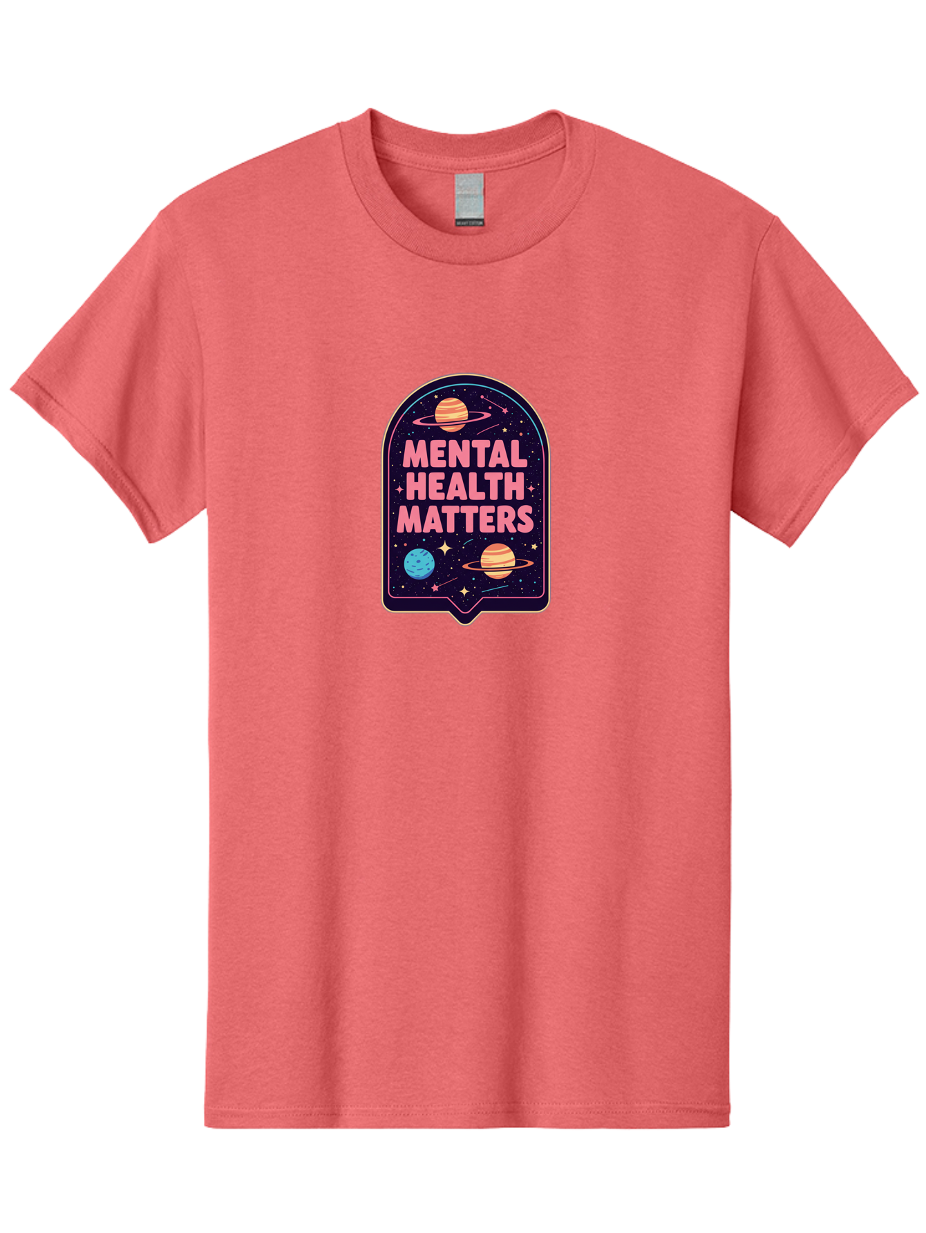 Mental-Health-Matters-4 Men'S Graphic Tee, 100% Cotton, Comfortable Casual Summer Wear, Machine Washable, Mental Health Awareness, Motivational Quote, Celestial Theme, Pink Text, Outer Space Design, Stars, Planets, Mental Wellness, Self Care, Bae069 15