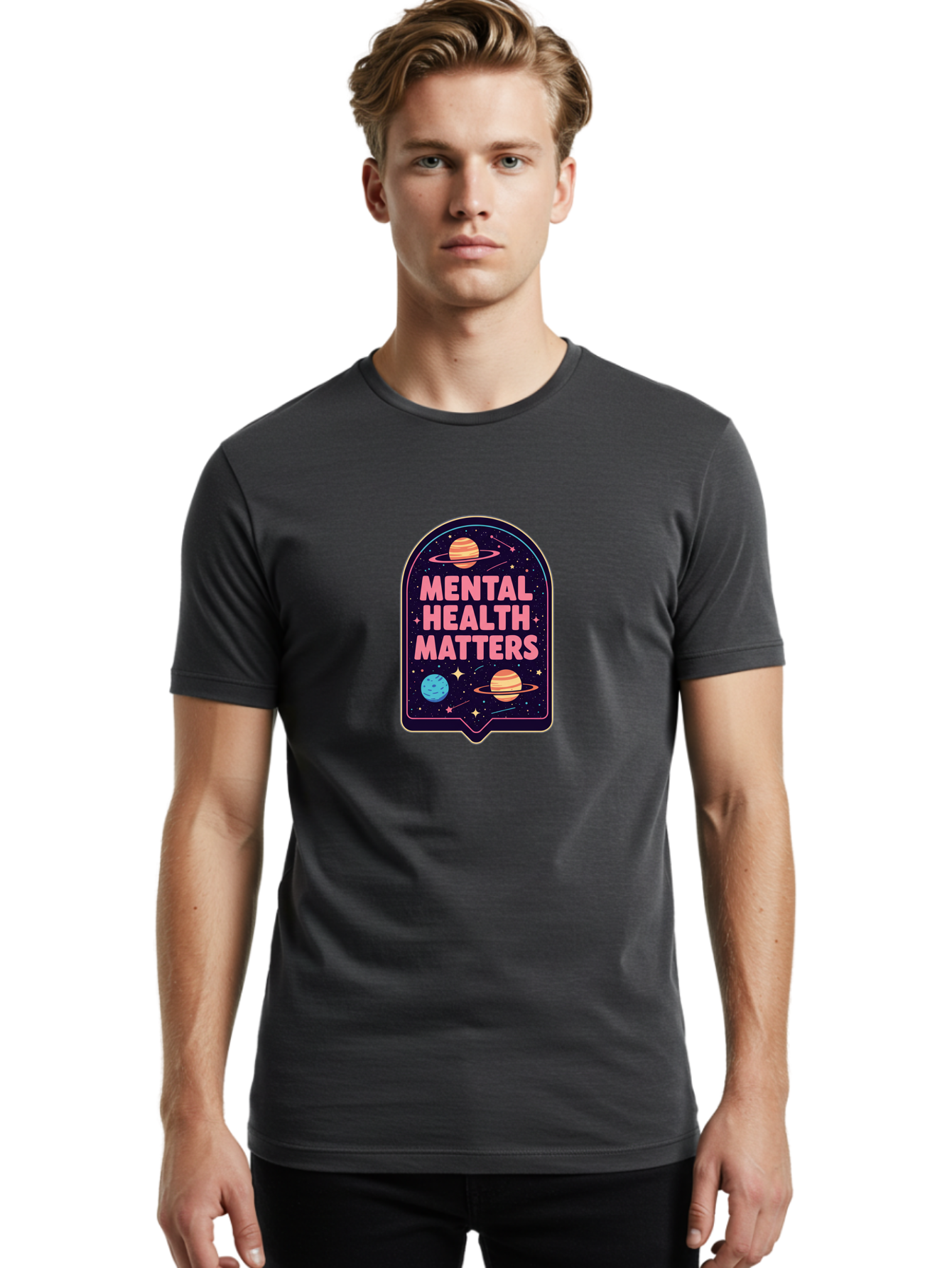 Mental-Health-Matters-4 Men'S Graphic Tee, 100% Cotton, Comfortable Casual Summer Wear, Machine Washable, Mental Health Awareness, Motivational Quote, Celestial Theme, Pink Text, Outer Space Design, Stars, Planets, Mental Wellness, Self Care, Bae069 22
