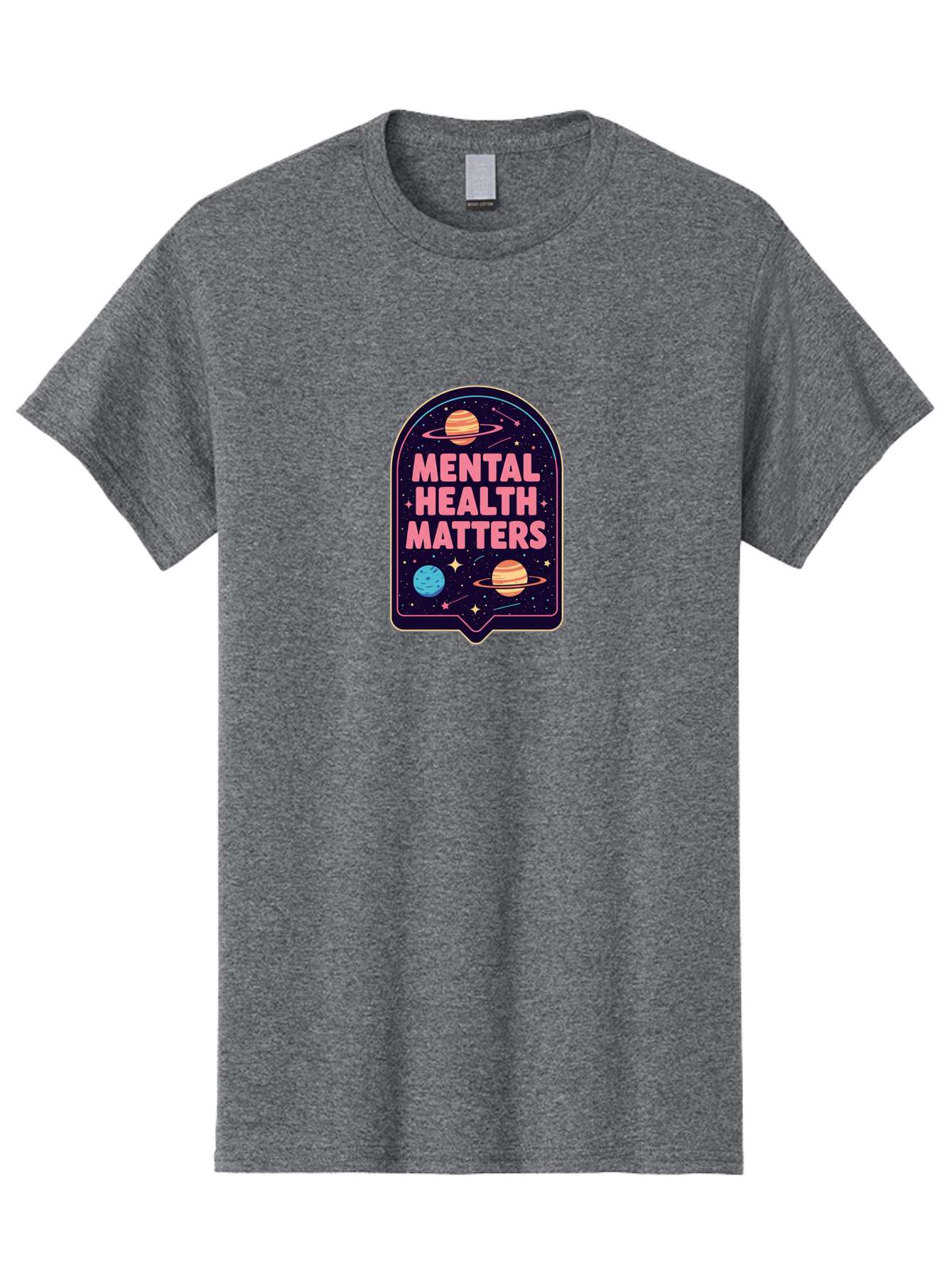 Mental-Health-Matters-4 Men'S Graphic Tee, 100% Cotton, Comfortable Casual Summer Wear, Machine Washable, Mental Health Awareness, Motivational Quote, Celestial Theme, Pink Text, Outer Space Design, Stars, Planets, Mental Wellness, Self Care, Bae069 1