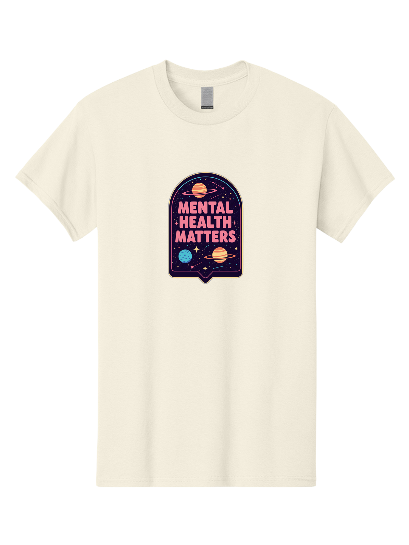 Mental-Health-Matters-4 Men'S Graphic Tee, 100% Cotton, Comfortable Casual Summer Wear, Machine Washable, Mental Health Awareness, Motivational Quote, Celestial Theme, Pink Text, Outer Space Design, Stars, Planets, Mental Wellness, Self Care, Bae069 8