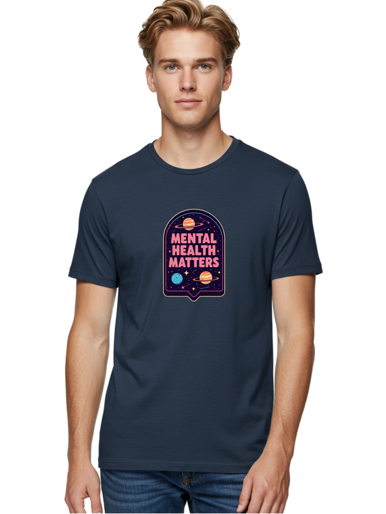 Mental-Health-Matters-4 Men'S Graphic Tee, 100% Cotton, Comfortable Casual Summer Wear, Machine Washable, Mental Health Awareness, Motivational Quote, Celestial Theme, Pink Text, Outer Space Design, Stars, Planets, Mental Wellness, Self Care, Bae069 29
