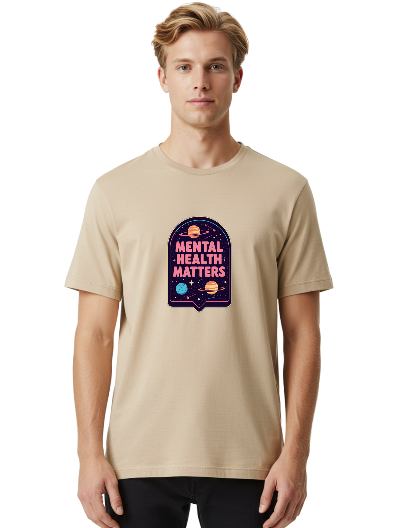 Mental-Health-Matters-4 Men'S Graphic Tee, 100% Cotton, Comfortable Casual Summer Wear, Machine Washable, Mental Health Awareness, Motivational Quote, Celestial Theme, Pink Text, Outer Space Design, Stars, Planets, Mental Wellness, Self Care, Bae069 27