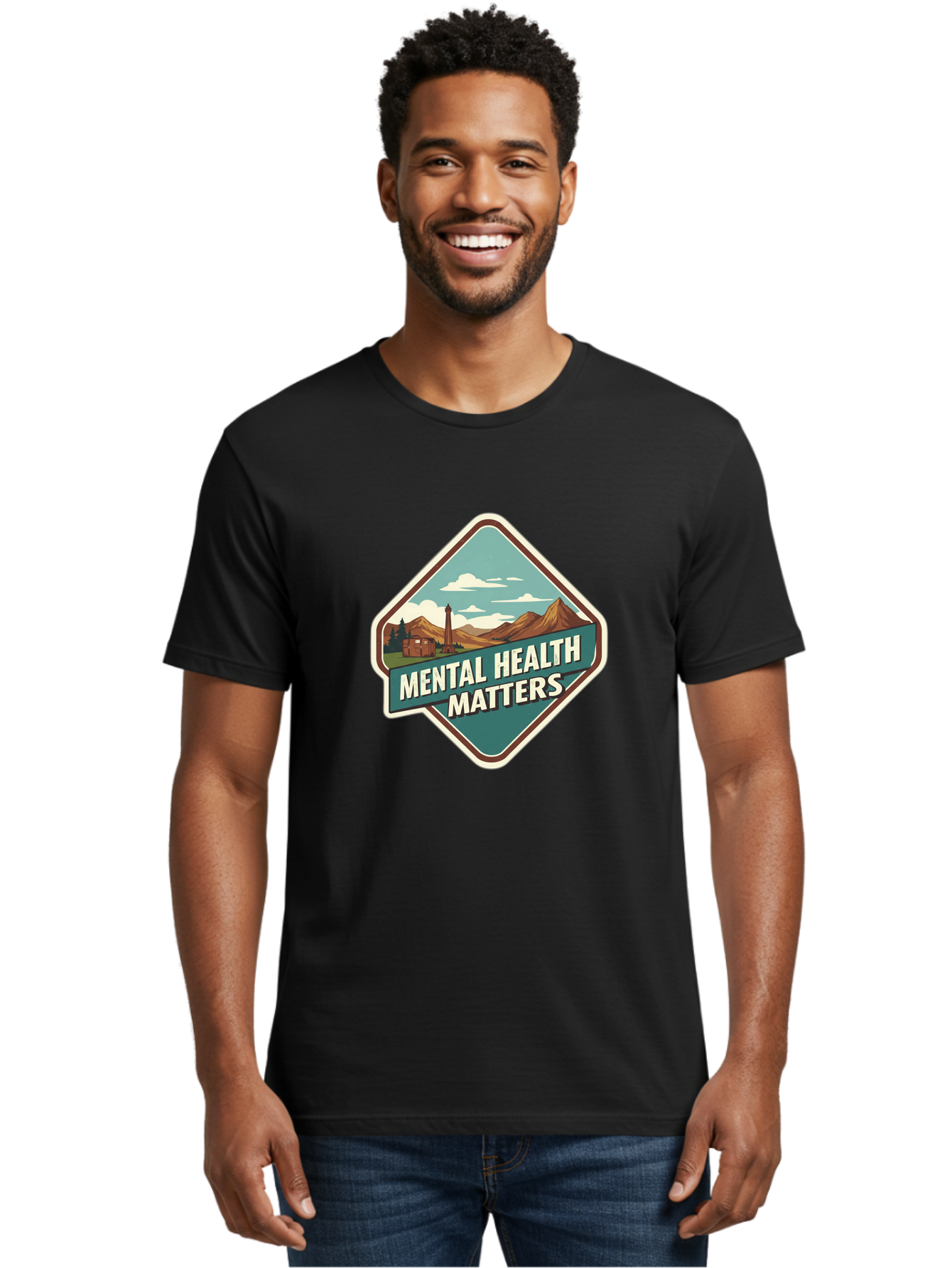Mental-Health-Matters-5 Men'S Graphic Tee, 100% Cotton, Comfortable Casual Summer Wear, Machine Washable, Mental Health Awareness, Rural Landscape, Mountains, Cloudy Sky, Lighthouse, Mental Health Matters, Self-Care, Wellness, Mindfulness, Bae070 30
