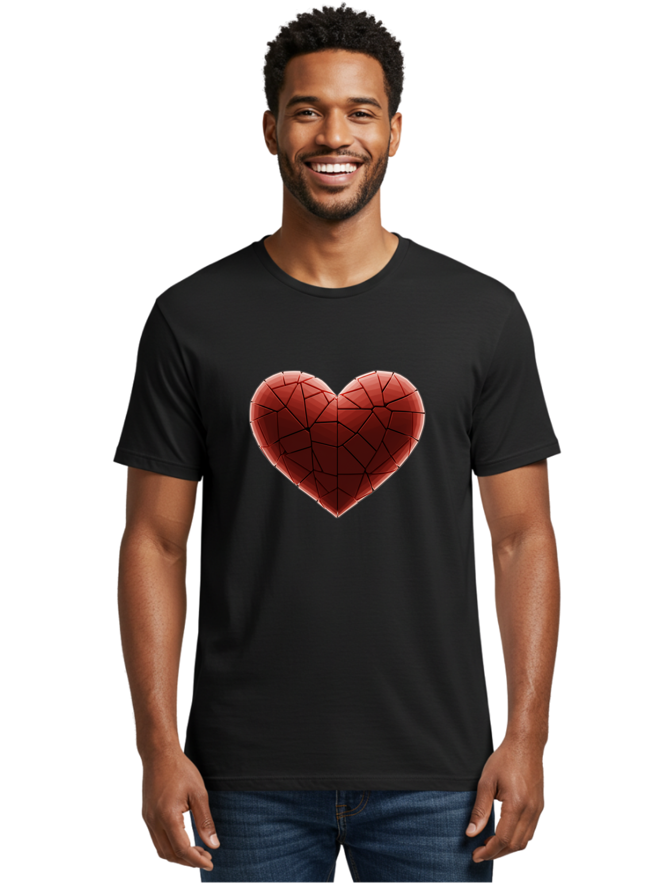 Red-Faceted-Heart Men'S Graphic Tee, 100% Cotton, Comfortable Casual Summer Wear, Machine Washable, Low Poly Heart, Geometric Heart, Red Heart, Love Symbol, Abstract Art, 3D Model, Modern Design, Polygonal Shape, Heart Shape Bae076 30
