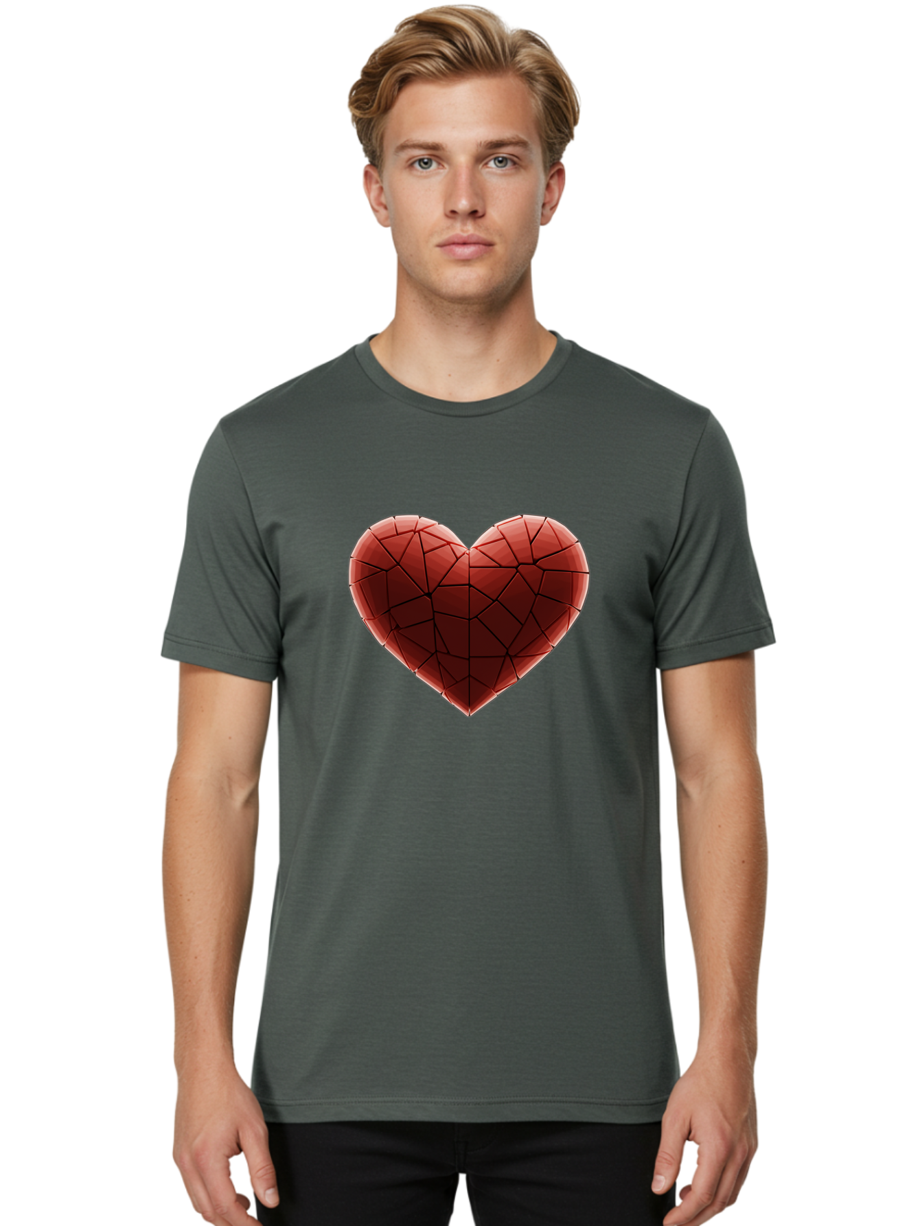 Red-Faceted-Heart Men'S Graphic Tee, 100% Cotton, Comfortable Casual Summer Wear, Machine Washable, Low Poly Heart, Geometric Heart, Red Heart, Love Symbol, Abstract Art, 3D Model, Modern Design, Polygonal Shape, Heart Shape Bae076 17