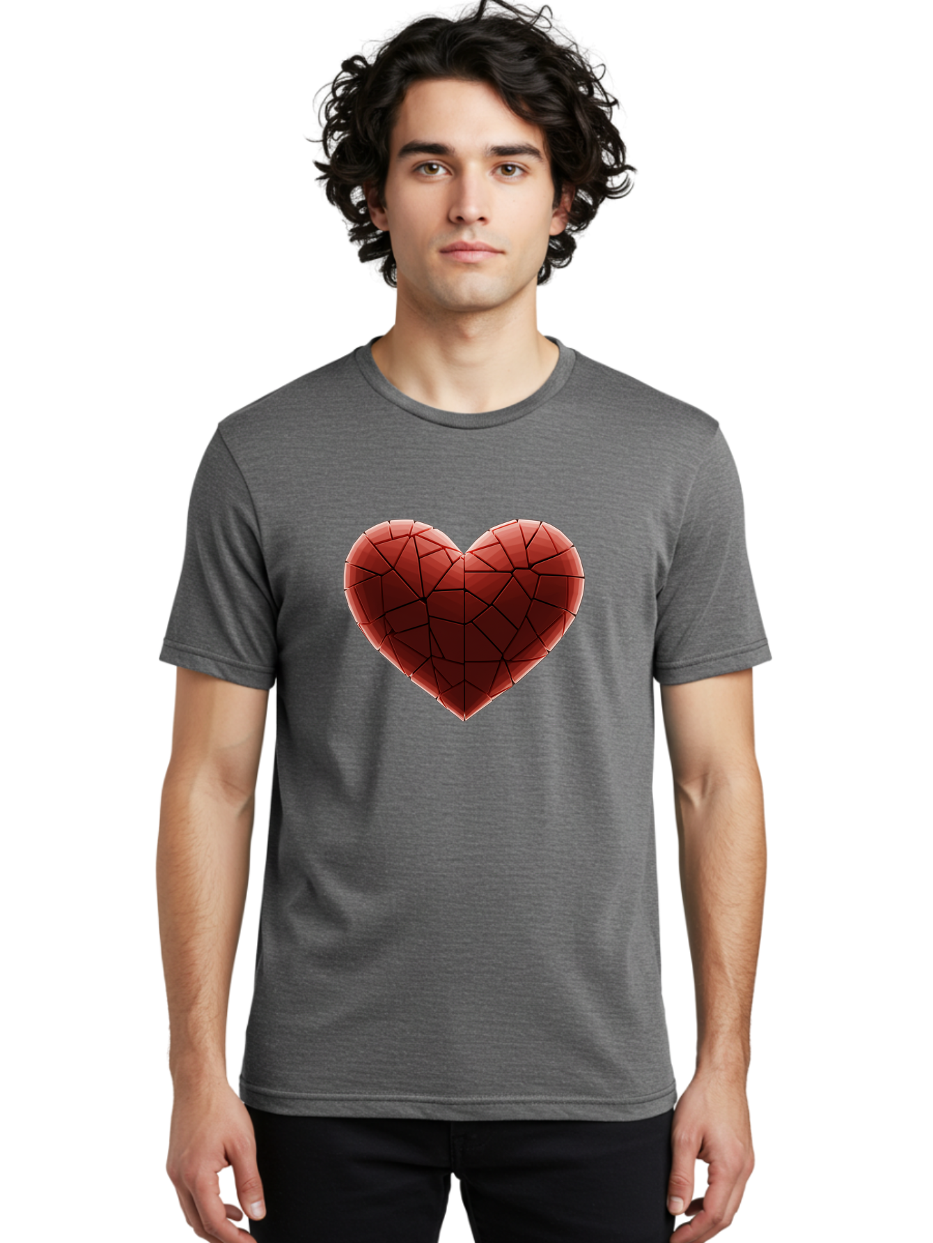 Red-Faceted-Heart Men'S Graphic Tee, 100% Cotton, Comfortable Casual Summer Wear, Machine Washable, Low Poly Heart, Geometric Heart, Red Heart, Love Symbol, Abstract Art, 3D Model, Modern Design, Polygonal Shape, Heart Shape Bae076 21