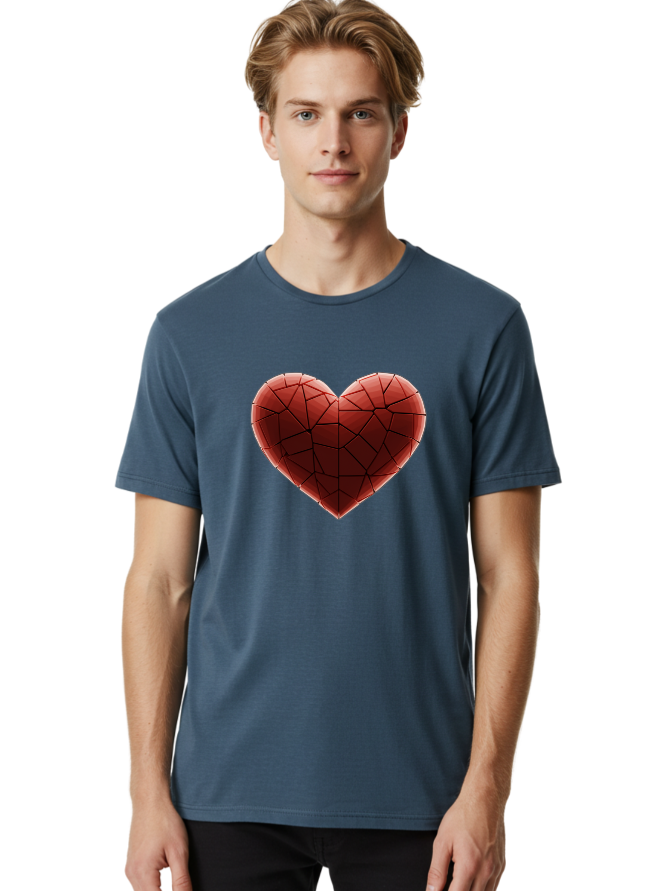Red-Faceted-Heart Men'S Graphic Tee, 100% Cotton, Comfortable Casual Summer Wear, Machine Washable, Low Poly Heart, Geometric Heart, Red Heart, Love Symbol, Abstract Art, 3D Model, Modern Design, Polygonal Shape, Heart Shape Bae076 20