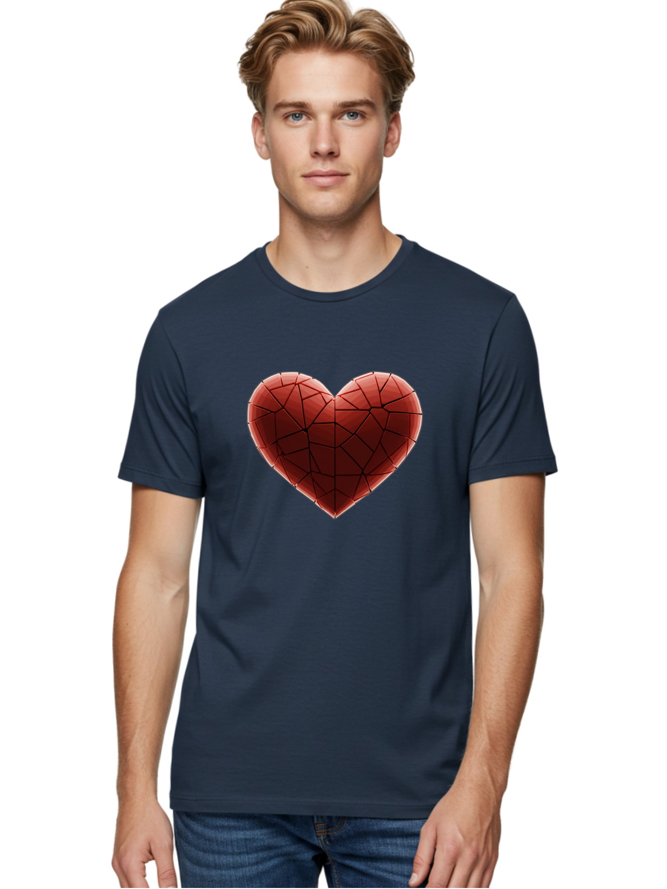 Red-Faceted-Heart Men'S Graphic Tee, 100% Cotton, Comfortable Casual Summer Wear, Machine Washable, Low Poly Heart, Geometric Heart, Red Heart, Love Symbol, Abstract Art, 3D Model, Modern Design, Polygonal Shape, Heart Shape Bae076 18