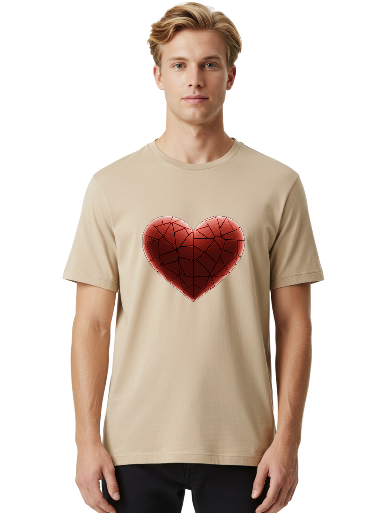 Red-Faceted-Heart Men'S Graphic Tee, 100% Cotton, Comfortable Casual Summer Wear, Machine Washable, Low Poly Heart, Geometric Heart, Red Heart, Love Symbol, Abstract Art, 3D Model, Modern Design, Polygonal Shape, Heart Shape Bae076 25