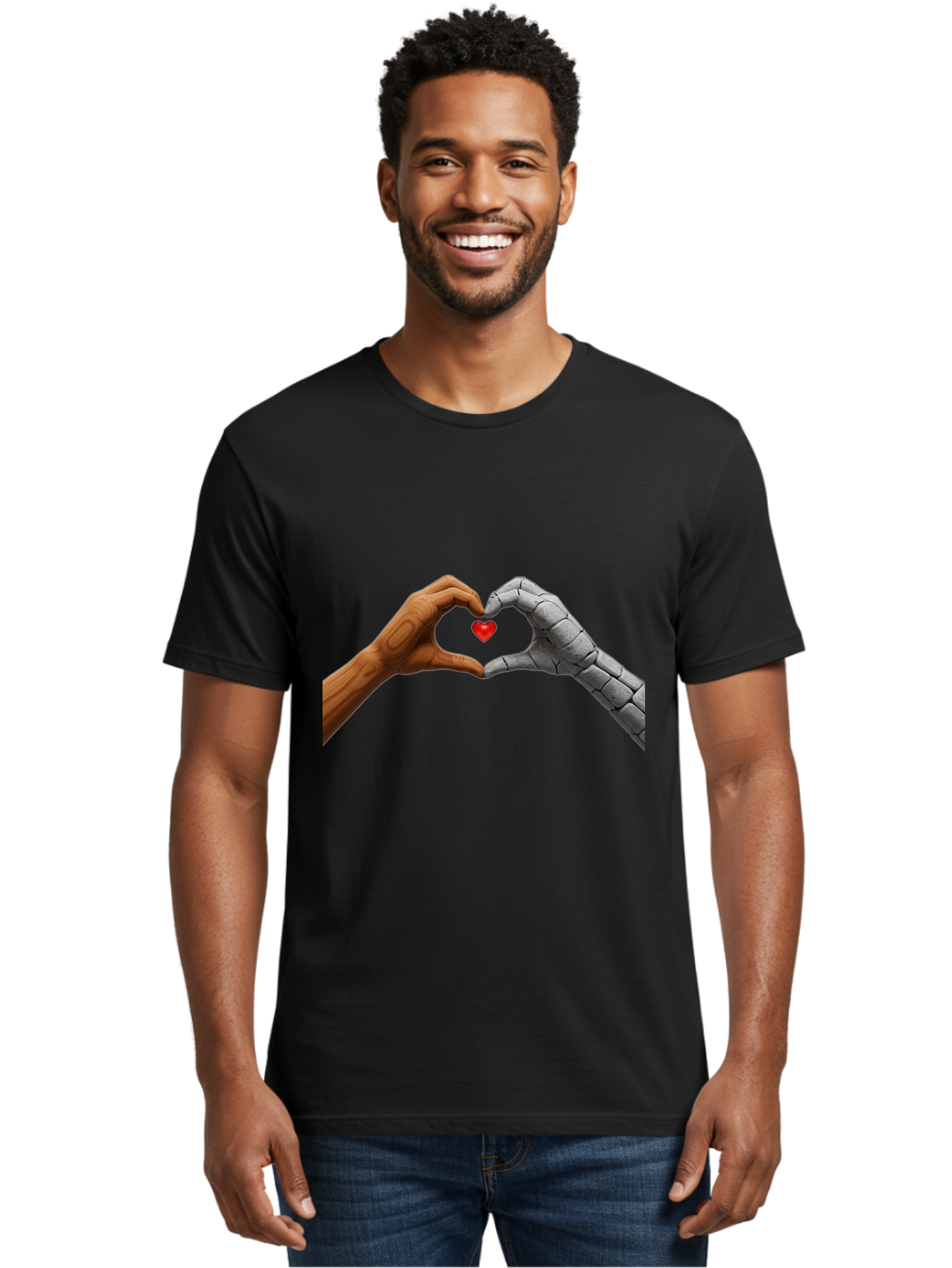 Robot-Hand-Human-Hand-Heart Men'S Graphic Tee, 100% Cotton, Comfortable Casual Summer Wear, Machine Washable, Human Hand, Robot Hand, Heart Shape, Love Symbol, Technology And Humanity, Futuristic Love, Robotic Love, Hand Gesture, Red Heart Bae077 26