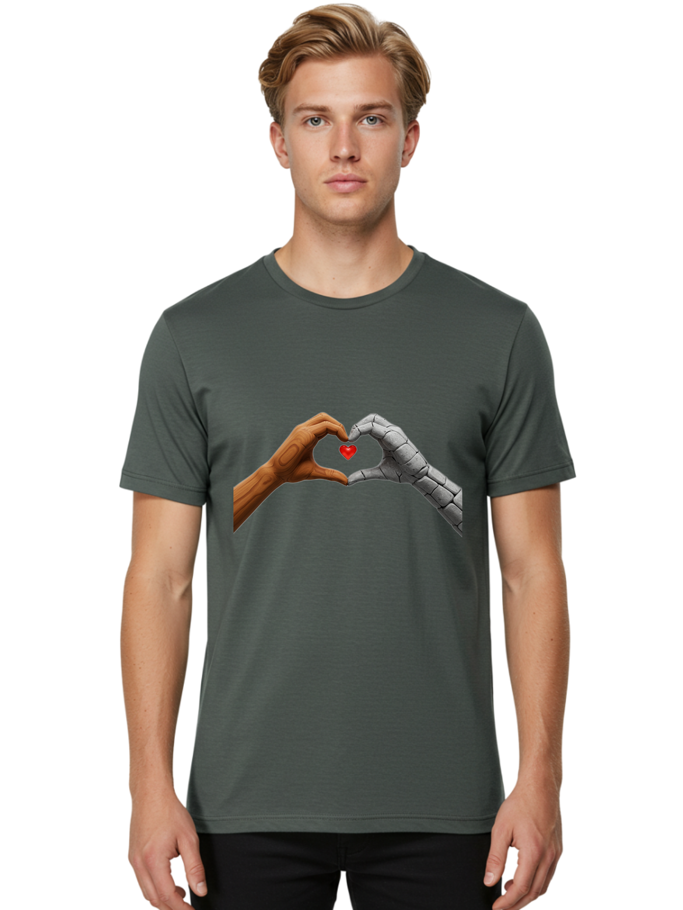 Robot-Hand-Human-Hand-Heart Men'S Graphic Tee, 100% Cotton, Comfortable Casual Summer Wear, Machine Washable, Human Hand, Robot Hand, Heart Shape, Love Symbol, Technology And Humanity, Futuristic Love, Robotic Love, Hand Gesture, Red Heart Bae077 25