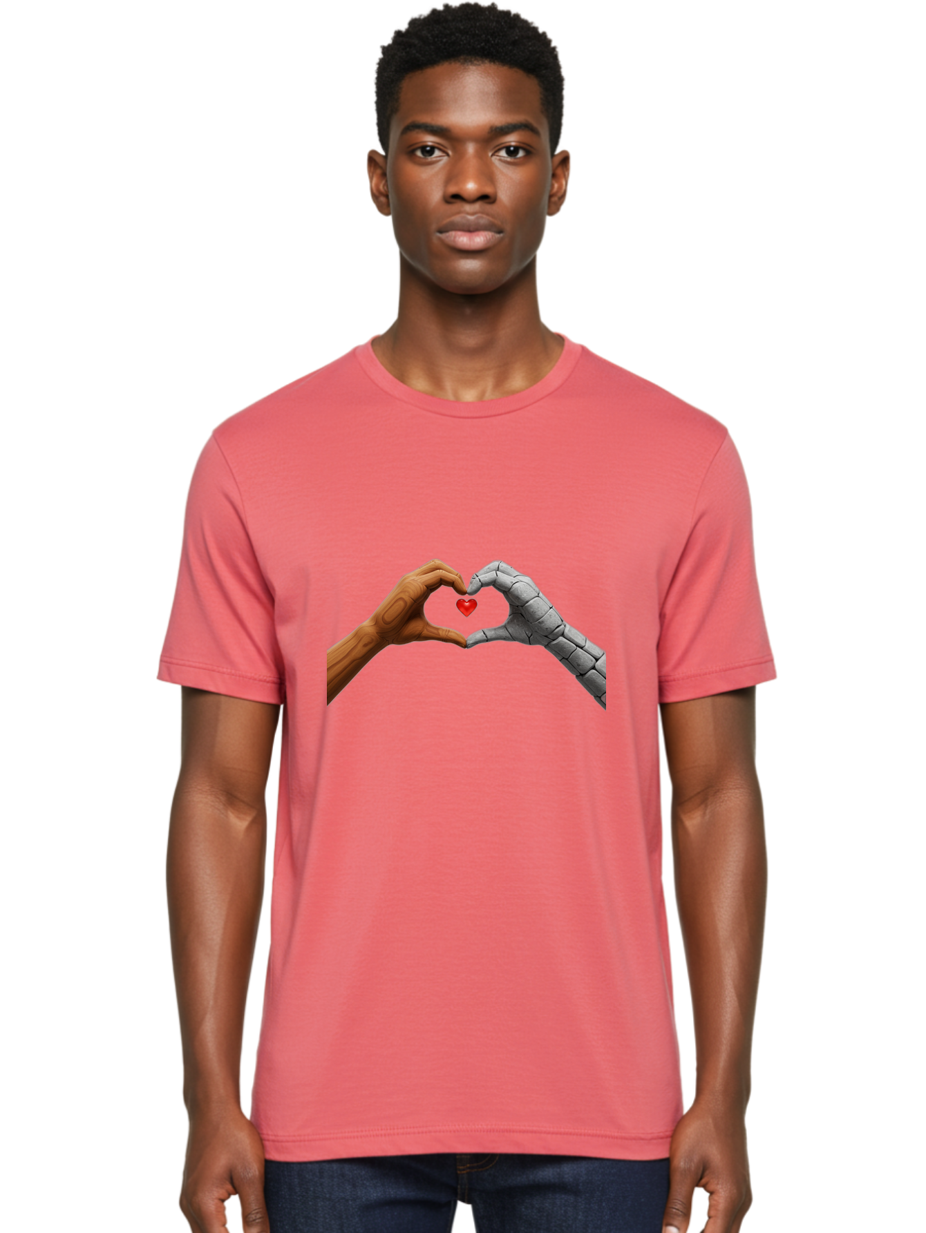 Robot-Hand-Human-Hand-Heart Men'S Graphic Tee, 100% Cotton, Comfortable Casual Summer Wear, Machine Washable, Human Hand, Robot Hand, Heart Shape, Love Symbol, Technology And Humanity, Futuristic Love, Robotic Love, Hand Gesture, Red Heart Bae077 22