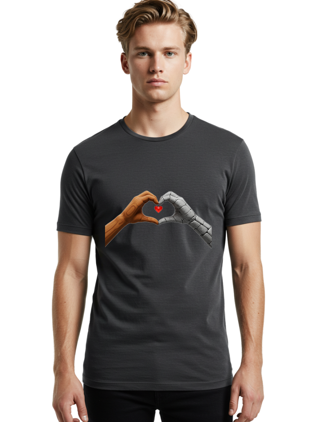 Robot-Hand-Human-Hand-Heart Men'S Graphic Tee, 100% Cotton, Comfortable Casual Summer Wear, Machine Washable, Human Hand, Robot Hand, Heart Shape, Love Symbol, Technology And Humanity, Futuristic Love, Robotic Love, Hand Gesture, Red Heart Bae077 21