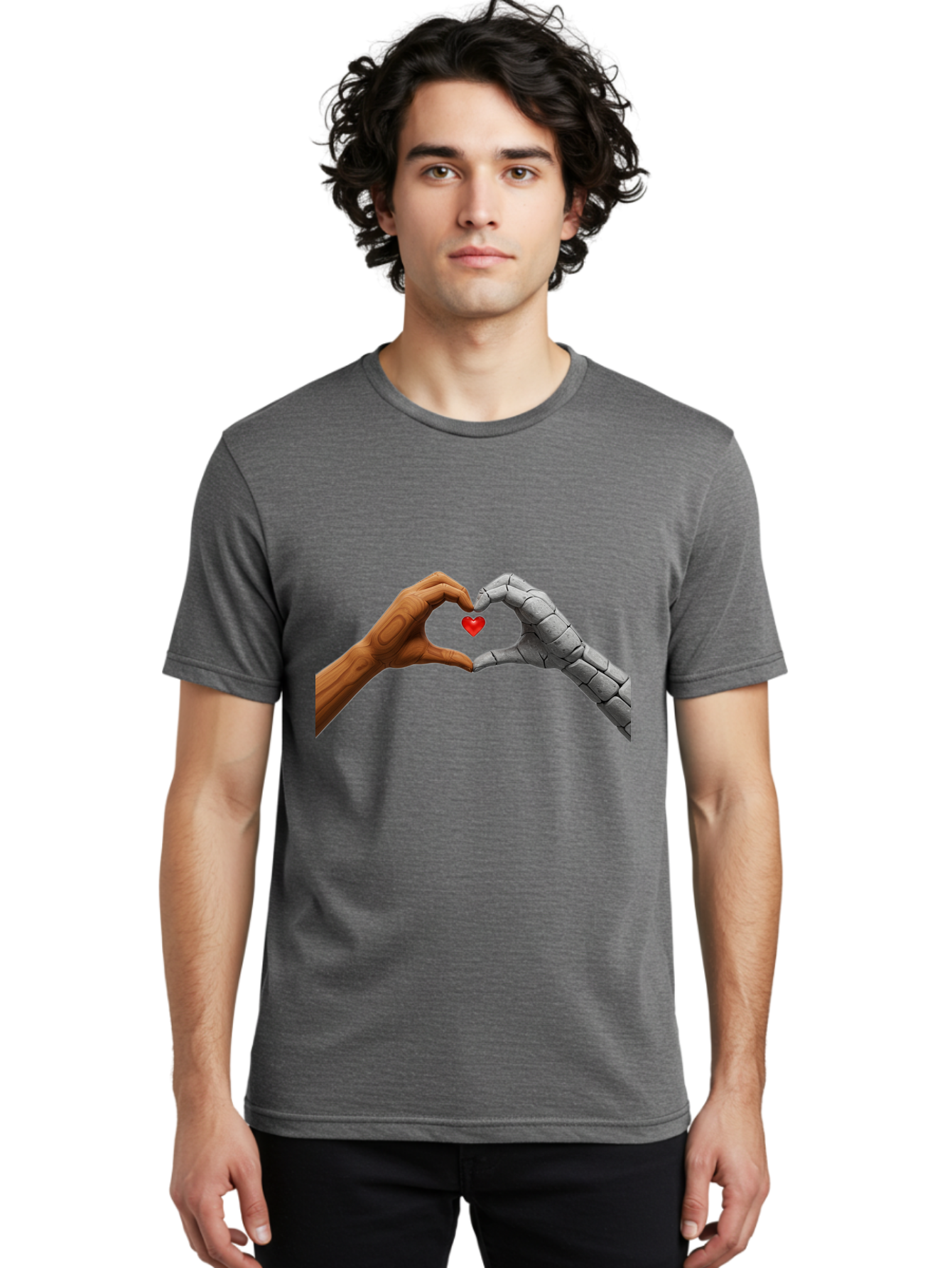 Robot-Hand-Human-Hand-Heart Men'S Graphic Tee, 100% Cotton, Comfortable Casual Summer Wear, Machine Washable, Human Hand, Robot Hand, Heart Shape, Love Symbol, Technology And Humanity, Futuristic Love, Robotic Love, Hand Gesture, Red Heart Bae077 27