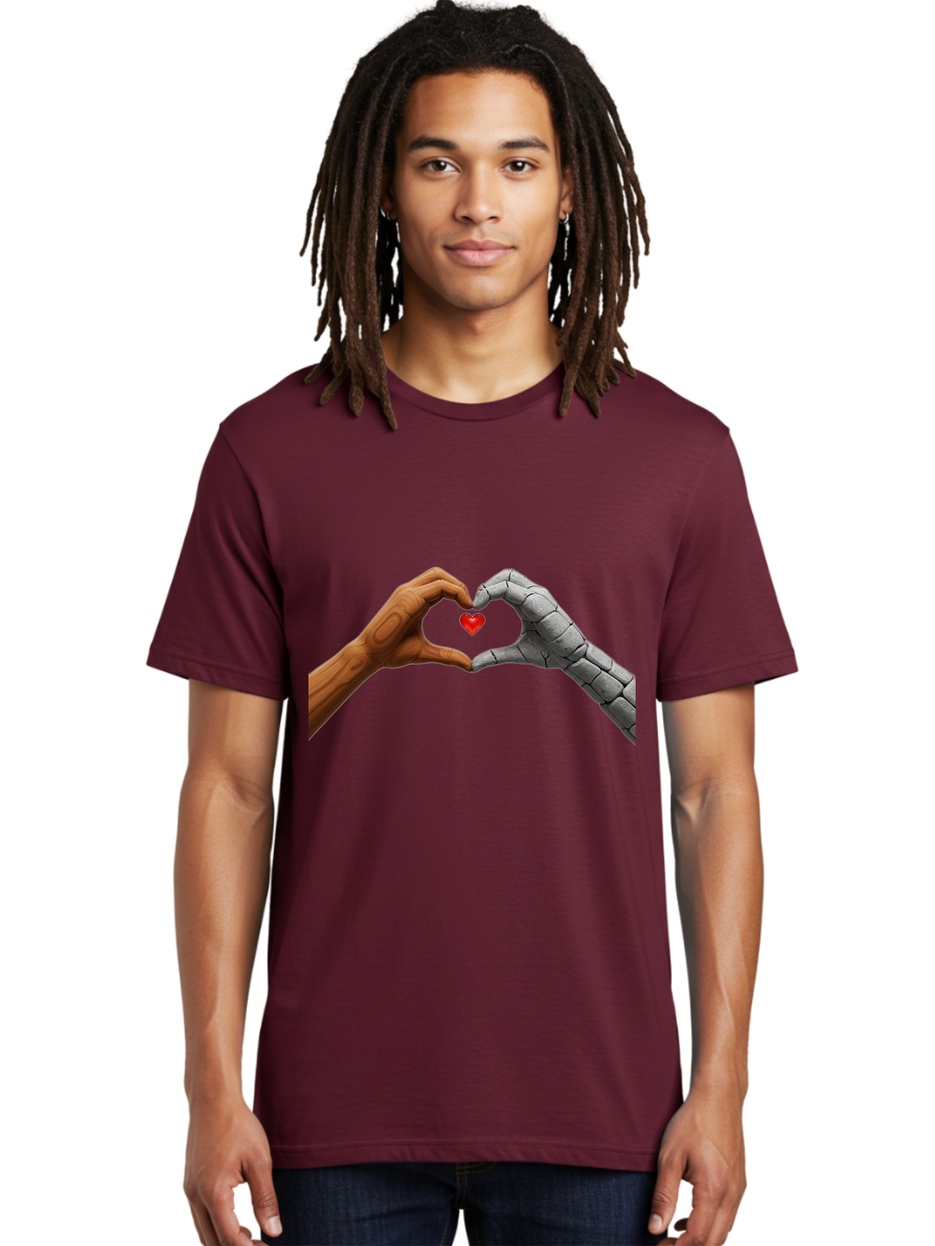 Robot-Hand-Human-Hand-Heart Men'S Graphic Tee, 100% Cotton, Comfortable Casual Summer Wear, Machine Washable, Human Hand, Robot Hand, Heart Shape, Love Symbol, Technology And Humanity, Futuristic Love, Robotic Love, Hand Gesture, Red Heart Bae077 29