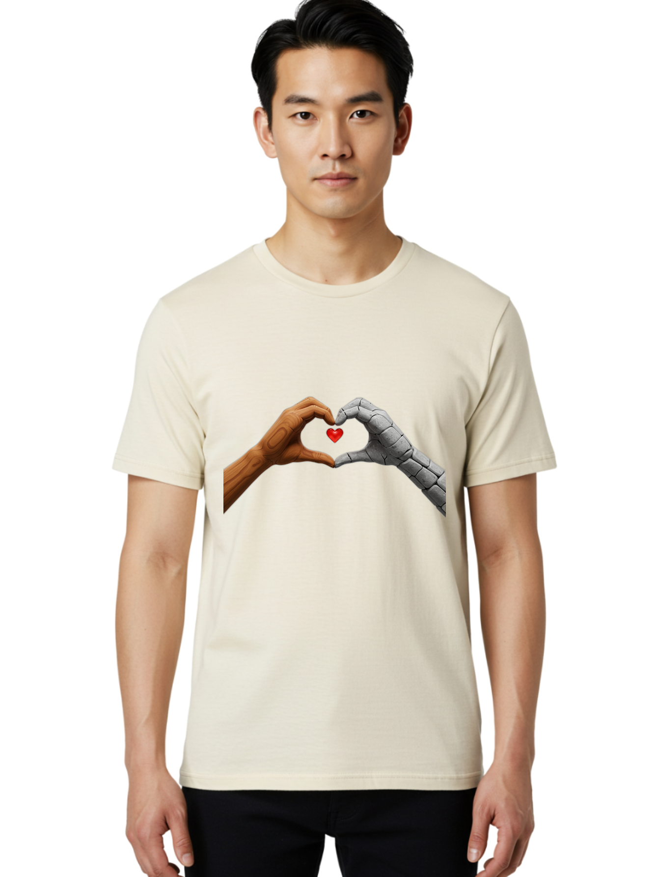 Robot-Hand-Human-Hand-Heart Men'S Graphic Tee, 100% Cotton, Comfortable Casual Summer Wear, Machine Washable, Human Hand, Robot Hand, Heart Shape, Love Symbol, Technology And Humanity, Futuristic Love, Robotic Love, Hand Gesture, Red Heart Bae077 19