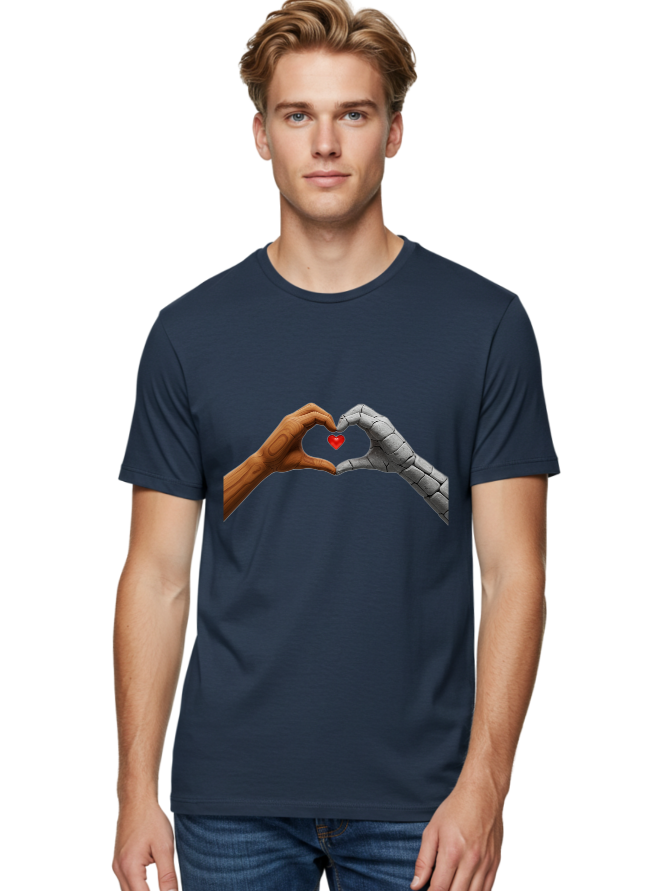 Robot-Hand-Human-Hand-Heart Men'S Graphic Tee, 100% Cotton, Comfortable Casual Summer Wear, Machine Washable, Human Hand, Robot Hand, Heart Shape, Love Symbol, Technology And Humanity, Futuristic Love, Robotic Love, Hand Gesture, Red Heart Bae077 17