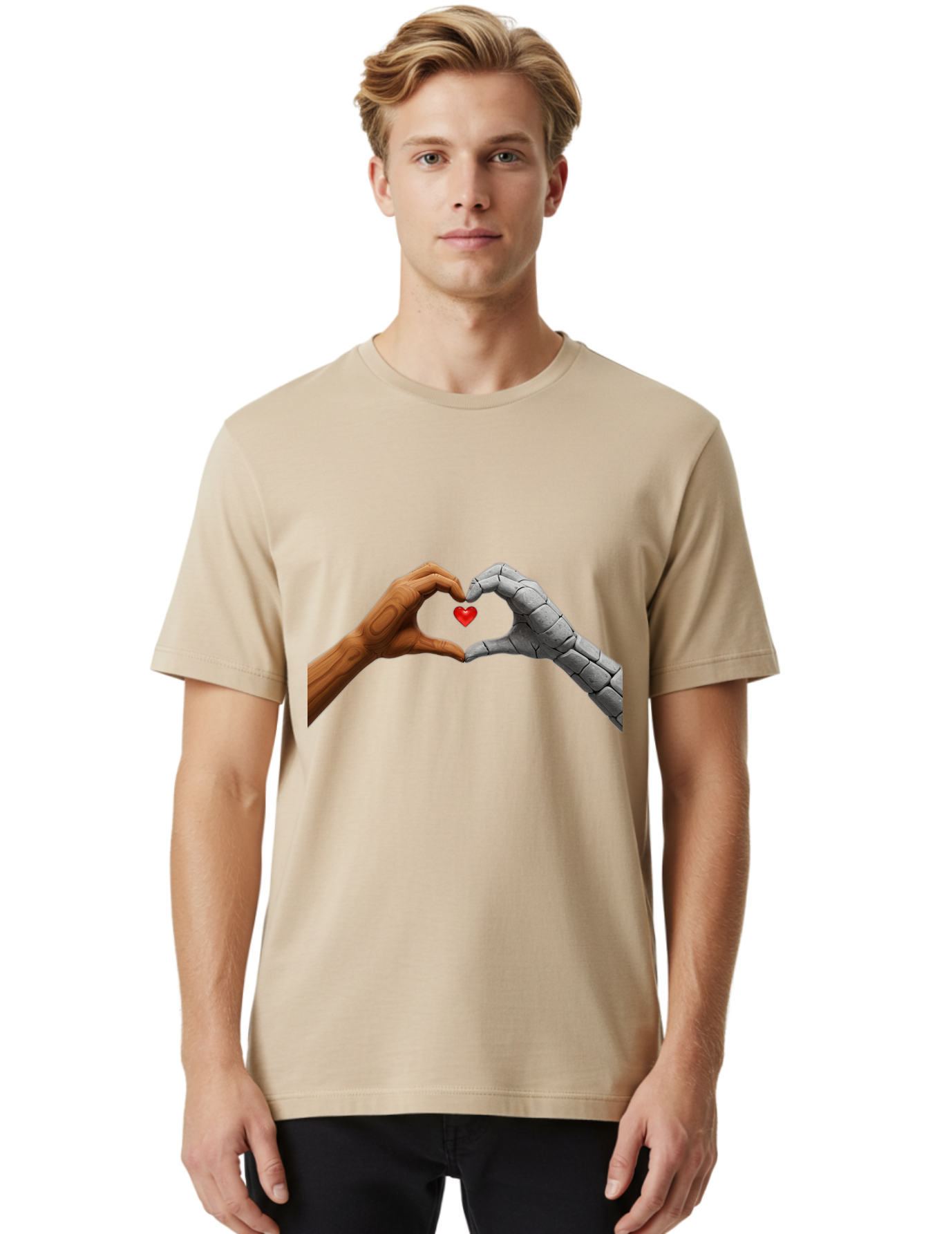 Robot-Hand-Human-Hand-Heart Men'S Graphic Tee, 100% Cotton, Comfortable Casual Summer Wear, Machine Washable, Human Hand, Robot Hand, Heart Shape, Love Symbol, Technology And Humanity, Futuristic Love, Robotic Love, Hand Gesture, Red Heart Bae077 30