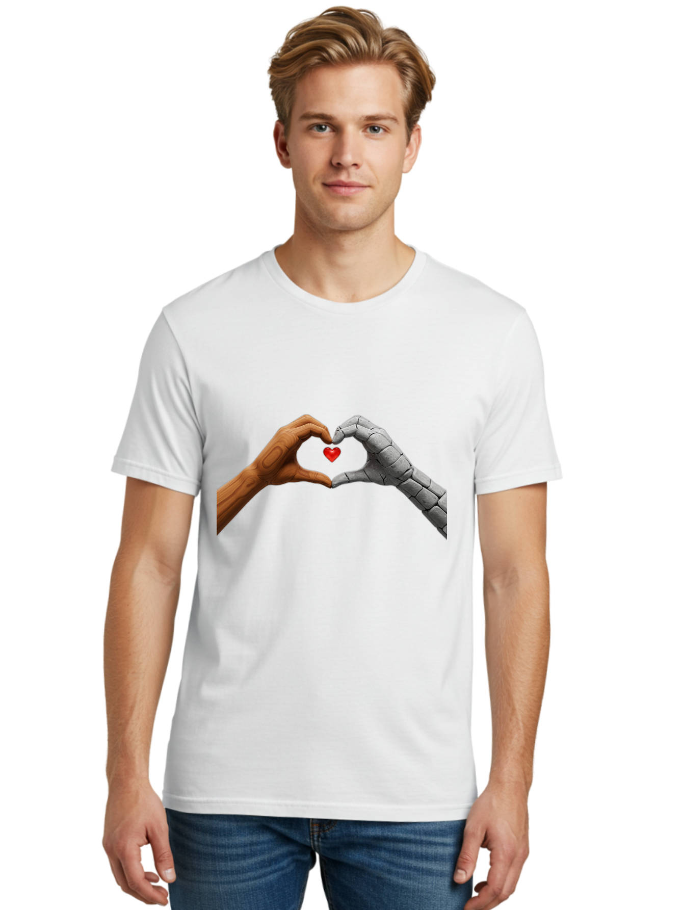 Robot-Hand-Human-Hand-Heart Men'S Graphic Tee, 100% Cotton, Comfortable Casual Summer Wear, Machine Washable, Human Hand, Robot Hand, Heart Shape, Love Symbol, Technology And Humanity, Futuristic Love, Robotic Love, Hand Gesture, Red Heart Bae077 23