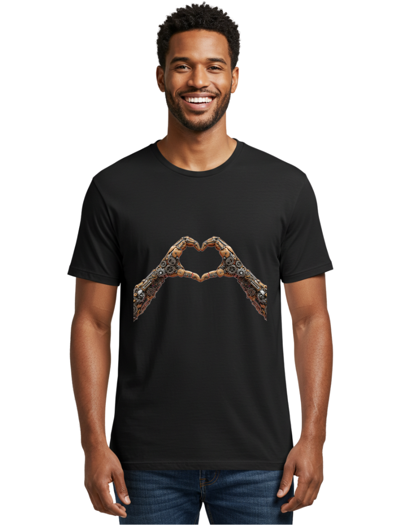 Robot-Hands-Heart Men'S Graphic Tee, 100% Cotton, Comfortable Casual Summer Wear, Machine Washable, Robot Hands Forming A Heart, Steampunk Design, Mechanical Love, Robotic Machinery, Gear Components, Industrial Elements, Symbol Of Affection, Bae078 29