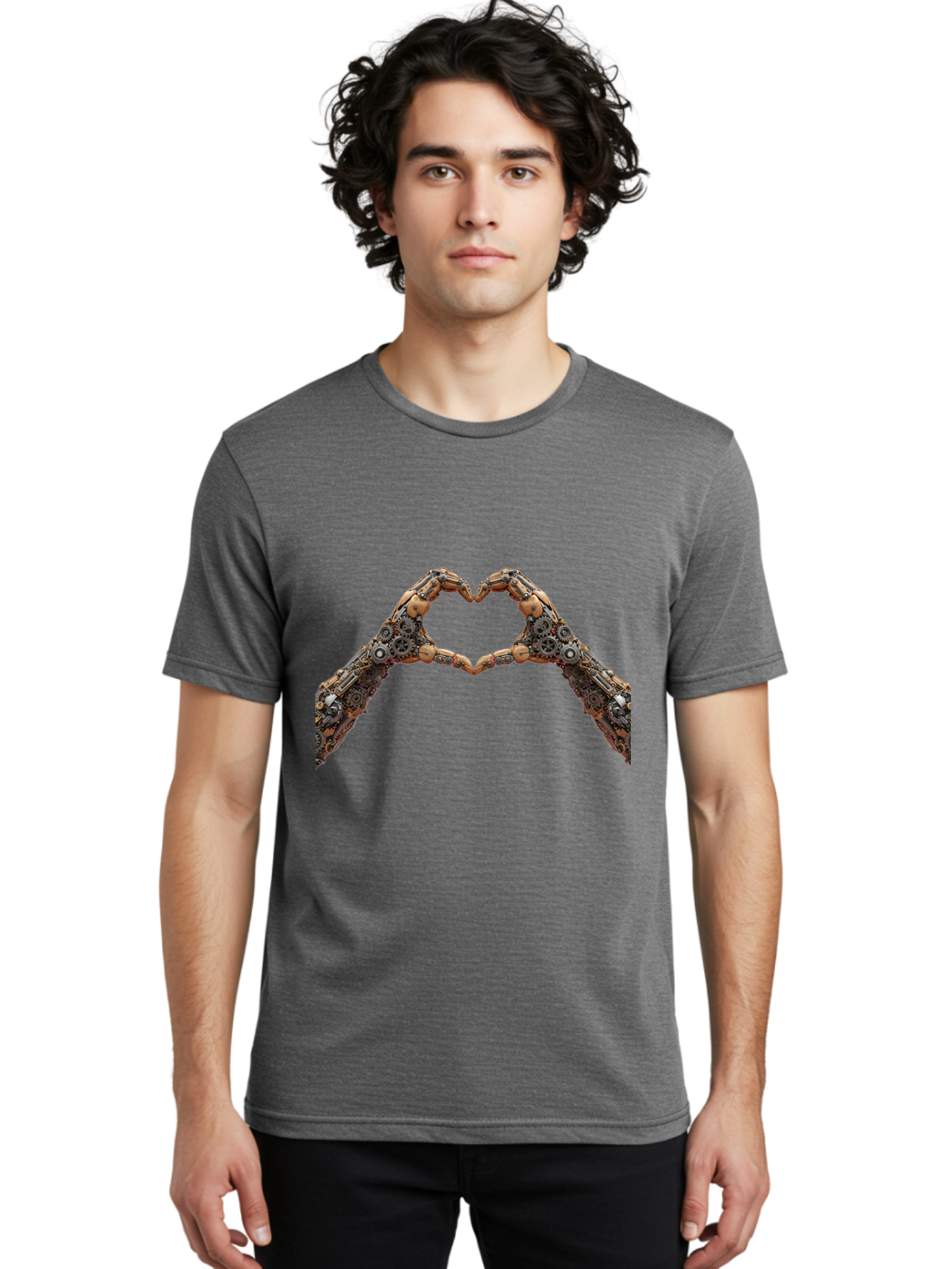Robot-Hands-Heart Men'S Graphic Tee, 100% Cotton, Comfortable Casual Summer Wear, Machine Washable, Robot Hands Forming A Heart, Steampunk Design, Mechanical Love, Robotic Machinery, Gear Components, Industrial Elements, Symbol Of Affection, Bae078 28
