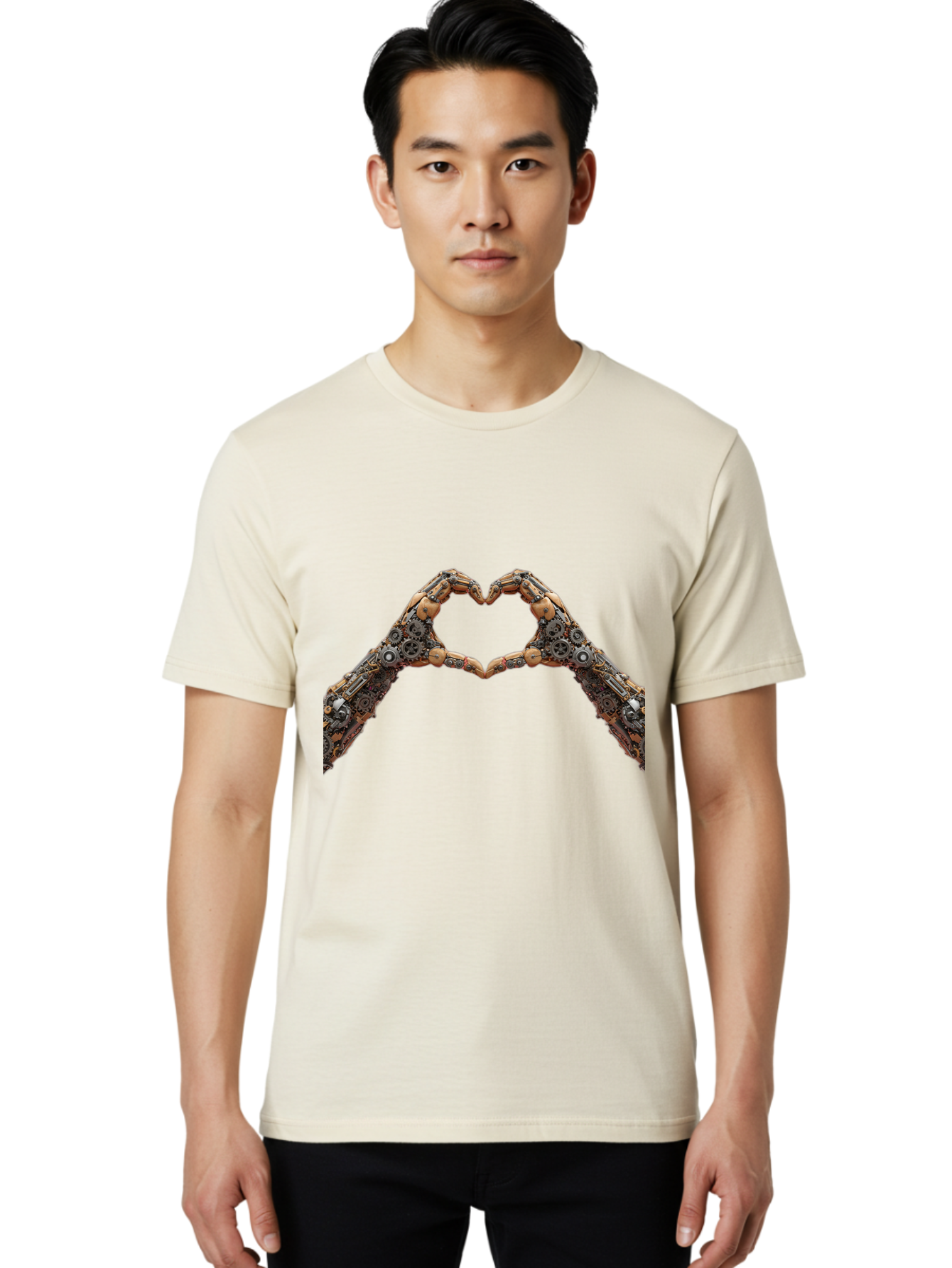 Robot-Hands-Heart Men'S Graphic Tee, 100% Cotton, Comfortable Casual Summer Wear, Machine Washable, Robot Hands Forming A Heart, Steampunk Design, Mechanical Love, Robotic Machinery, Gear Components, Industrial Elements, Symbol Of Affection, Bae078 24