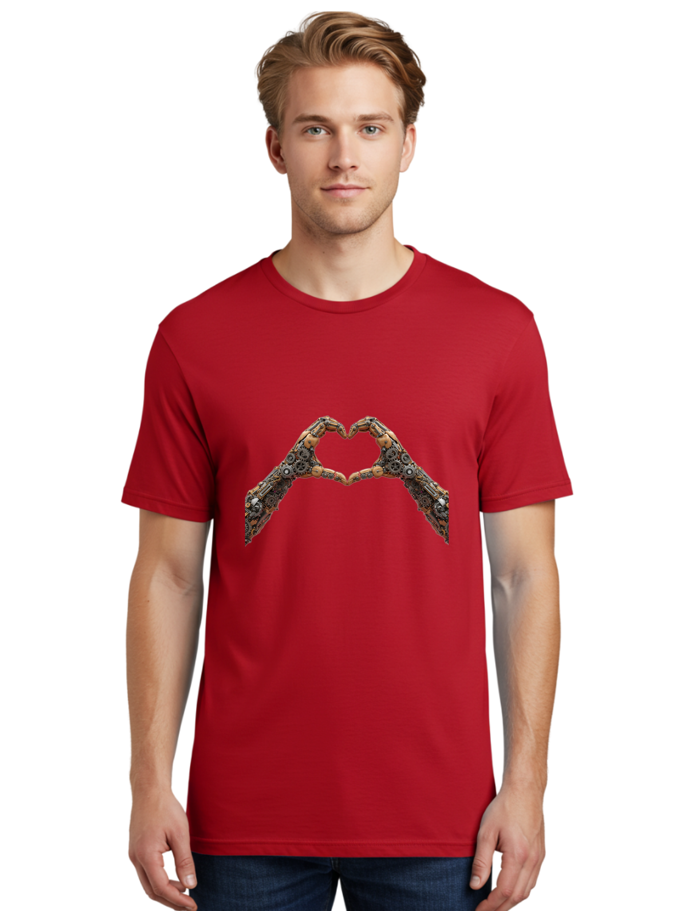 Robot-Hands-Heart Men'S Graphic Tee, 100% Cotton, Comfortable Casual Summer Wear, Machine Washable, Robot Hands Forming A Heart, Steampunk Design, Mechanical Love, Robotic Machinery, Gear Components, Industrial Elements, Symbol Of Affection, Bae078 21