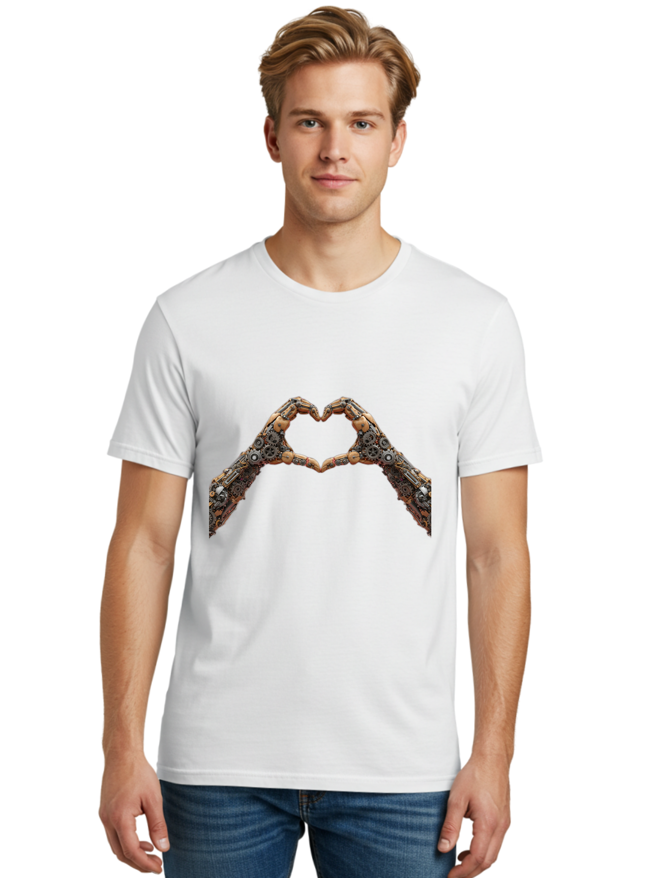 Robot-Hands-Heart Men'S Graphic Tee, 100% Cotton, Comfortable Casual Summer Wear, Machine Washable, Robot Hands Forming A Heart, Steampunk Design, Mechanical Love, Robotic Machinery, Gear Components, Industrial Elements, Symbol Of Affection, Bae078 30