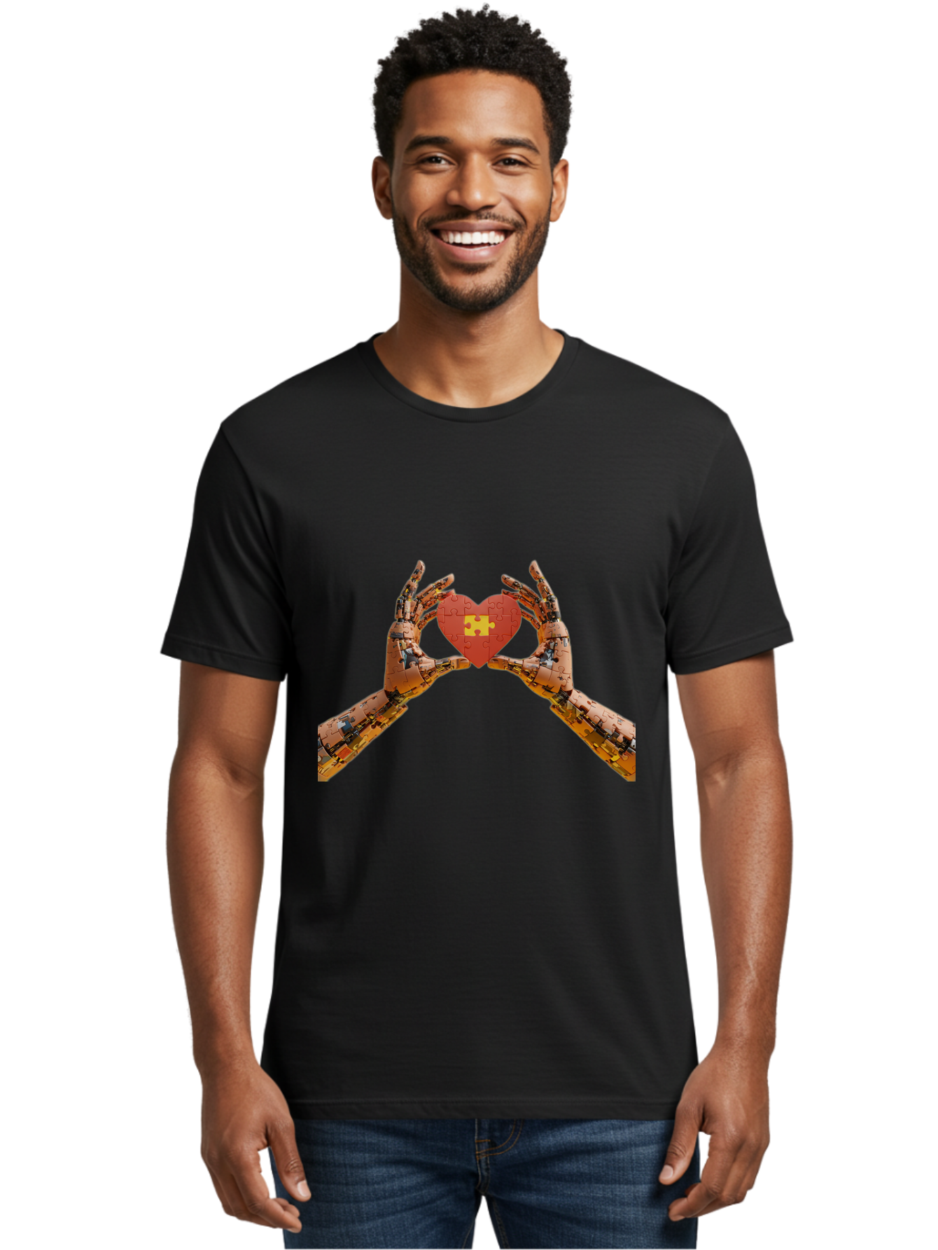 Robot-Hands-Holding-Heart-Puzzle Men'S Graphic Tee, 100% Cotton, Comfortable Casual Summer Wear, Machine Washable, Robotic Hands, Puzzle Heart, Artificial Intelligence, Ai, Robotics, Love, Heart, Puzzle Piece, Technology, Innovation, Bae079 28
