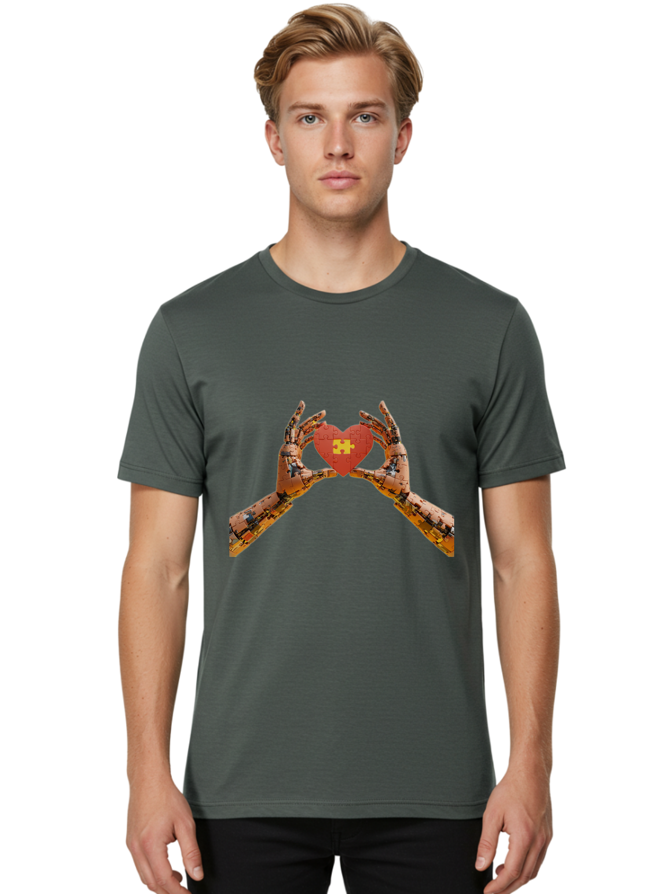Robot-Hands-Holding-Heart-Puzzle Men'S Graphic Tee, 100% Cotton, Comfortable Casual Summer Wear, Machine Washable, Robotic Hands, Puzzle Heart, Artificial Intelligence, Ai, Robotics, Love, Heart, Puzzle Piece, Technology, Innovation, Bae079 19