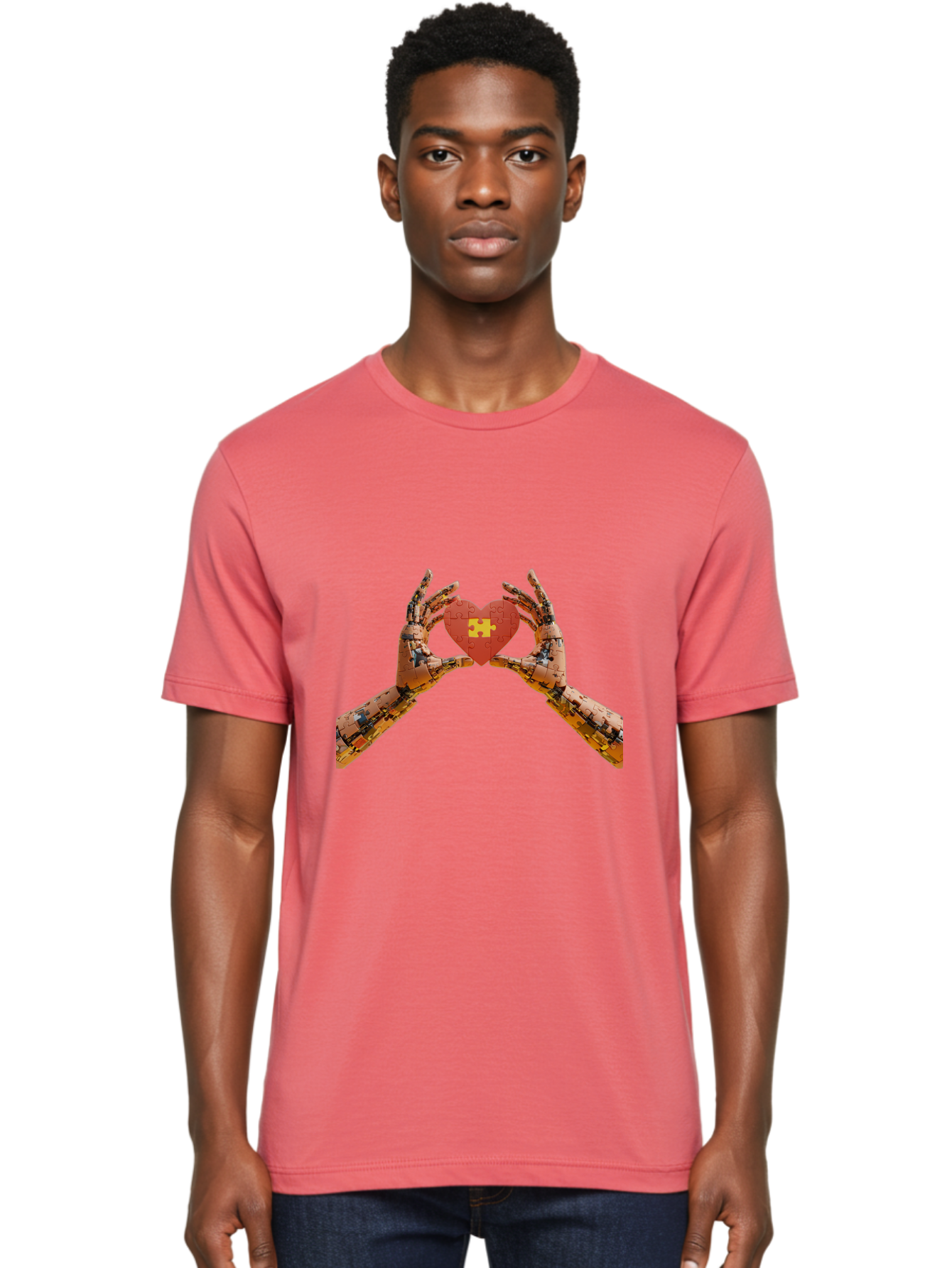 Robot-Hands-Holding-Heart-Puzzle Men'S Graphic Tee, 100% Cotton, Comfortable Casual Summer Wear, Machine Washable, Robotic Hands, Puzzle Heart, Artificial Intelligence, Ai, Robotics, Love, Heart, Puzzle Piece, Technology, Innovation, Bae079 16