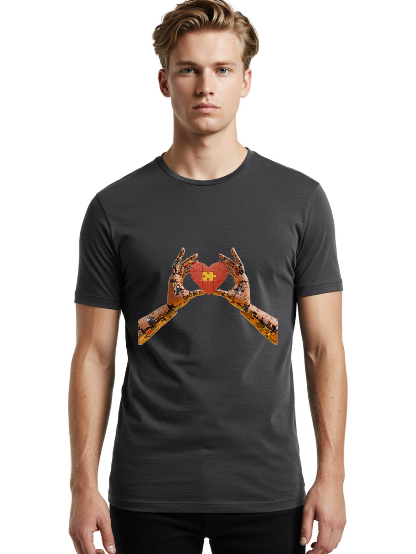 Robot-Hands-Holding-Heart-Puzzle Men'S Graphic Tee, 100% Cotton, Comfortable Casual Summer Wear, Machine Washable, Robotic Hands, Puzzle Heart, Artificial Intelligence, Ai, Robotics, Love, Heart, Puzzle Piece, Technology, Innovation, Bae079 18