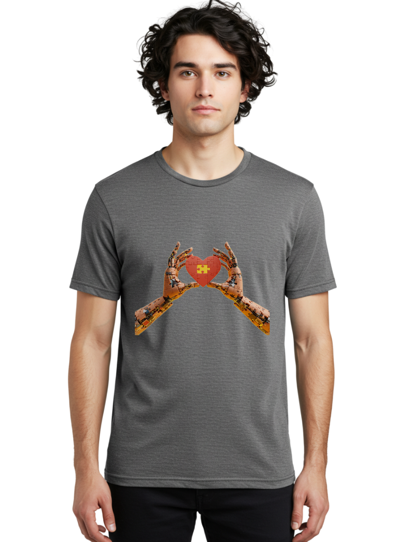 Robot-Hands-Holding-Heart-Puzzle Men'S Graphic Tee, 100% Cotton, Comfortable Casual Summer Wear, Machine Washable, Robotic Hands, Puzzle Heart, Artificial Intelligence, Ai, Robotics, Love, Heart, Puzzle Piece, Technology, Innovation, Bae079 17