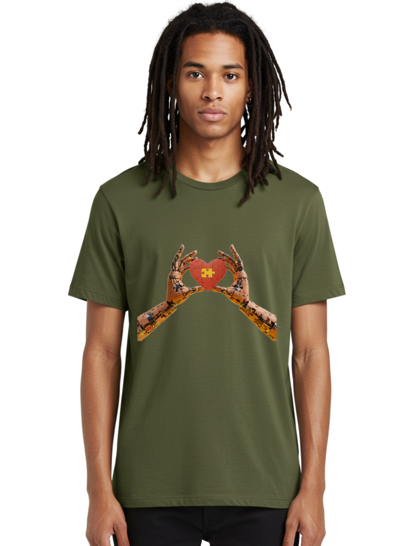 Robot-Hands-Holding-Heart-Puzzle Men'S Graphic Tee, 100% Cotton, Comfortable Casual Summer Wear, Machine Washable, Robotic Hands, Puzzle Heart, Artificial Intelligence, Ai, Robotics, Love, Heart, Puzzle Piece, Technology, Innovation, Bae079 30