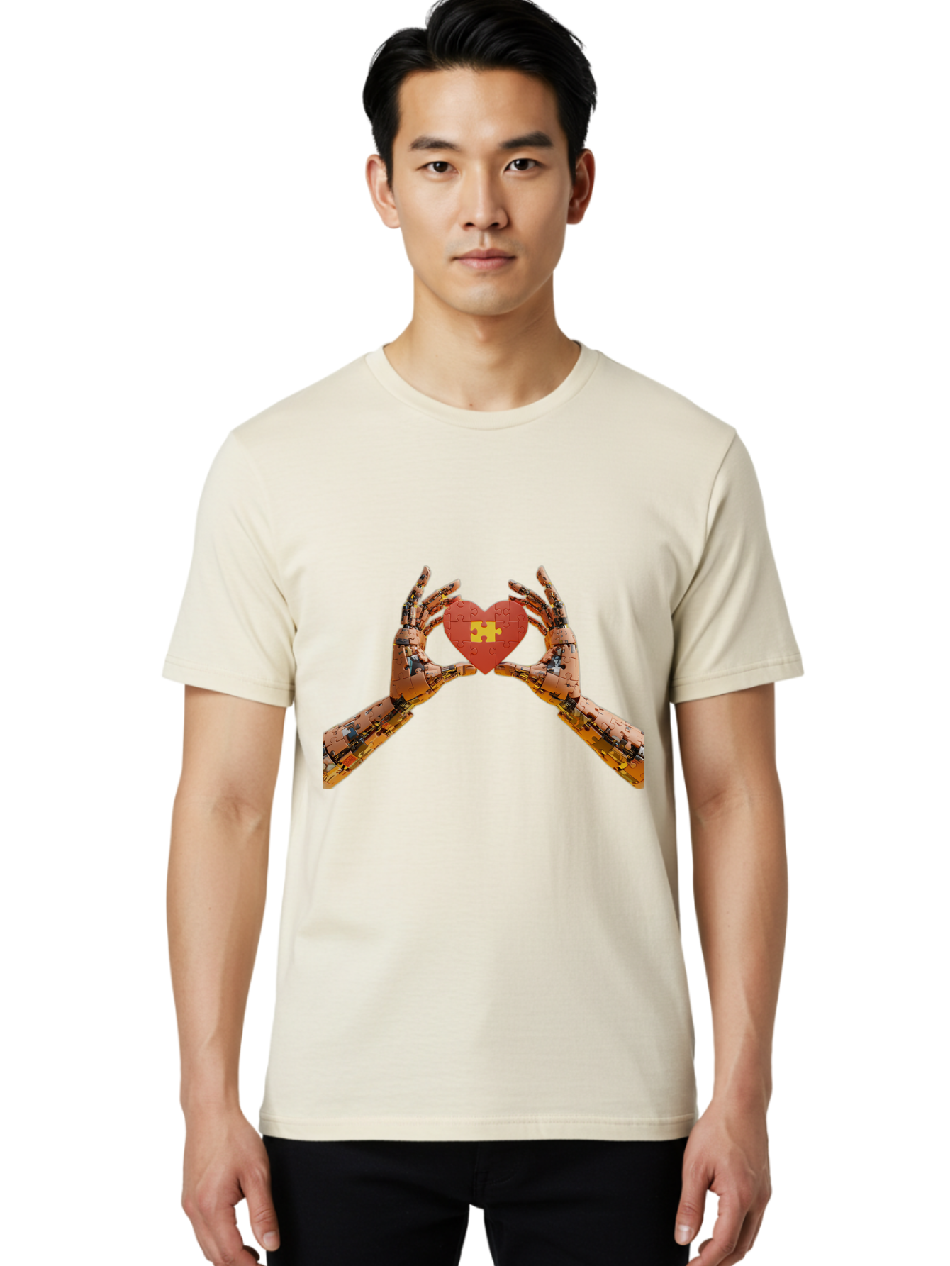Robot-Hands-Holding-Heart-Puzzle Men'S Graphic Tee, 100% Cotton, Comfortable Casual Summer Wear, Machine Washable, Robotic Hands, Puzzle Heart, Artificial Intelligence, Ai, Robotics, Love, Heart, Puzzle Piece, Technology, Innovation, Bae079 20