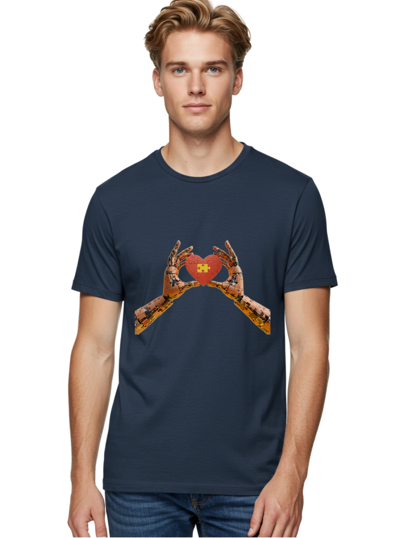 Robot-Hands-Holding-Heart-Puzzle Men'S Graphic Tee, 100% Cotton, Comfortable Casual Summer Wear, Machine Washable, Robotic Hands, Puzzle Heart, Artificial Intelligence, Ai, Robotics, Love, Heart, Puzzle Piece, Technology, Innovation, Bae079 29