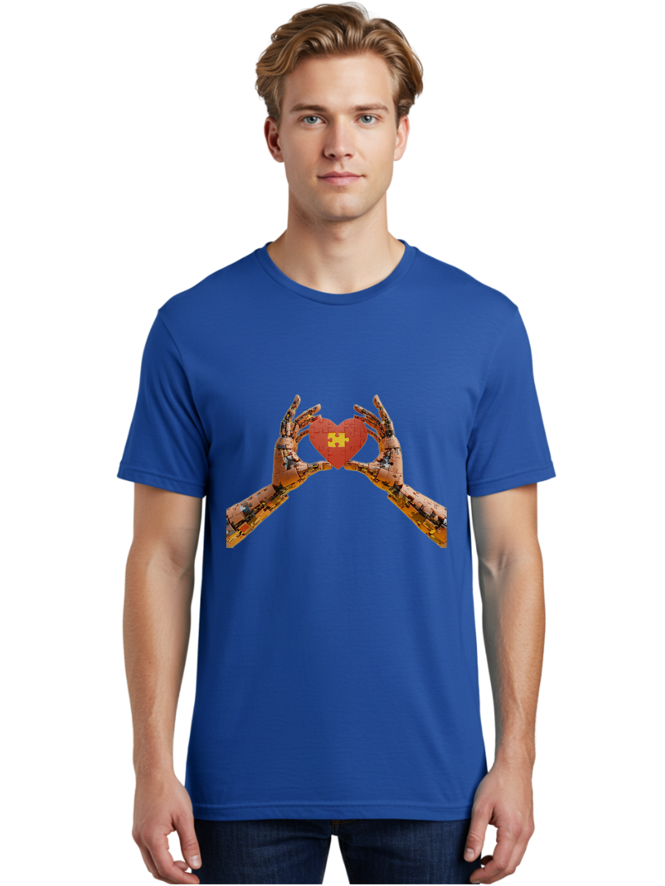 Robot-Hands-Holding-Heart-Puzzle Men'S Graphic Tee, 100% Cotton, Comfortable Casual Summer Wear, Machine Washable, Robotic Hands, Puzzle Heart, Artificial Intelligence, Ai, Robotics, Love, Heart, Puzzle Piece, Technology, Innovation, Bae079 24