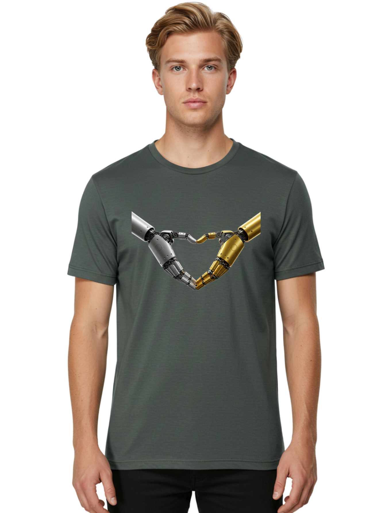 Robotic-Hands Men'S Graphic Tee, 100% Cotton, Comfortable Casual Summer Wear, Machine Washable, Robotic Arms, Mechanical Hands, Artificial Intelligence, Robotic Love, Futuristic Technology, Robotic Connection, Heart Shape Bae080 23