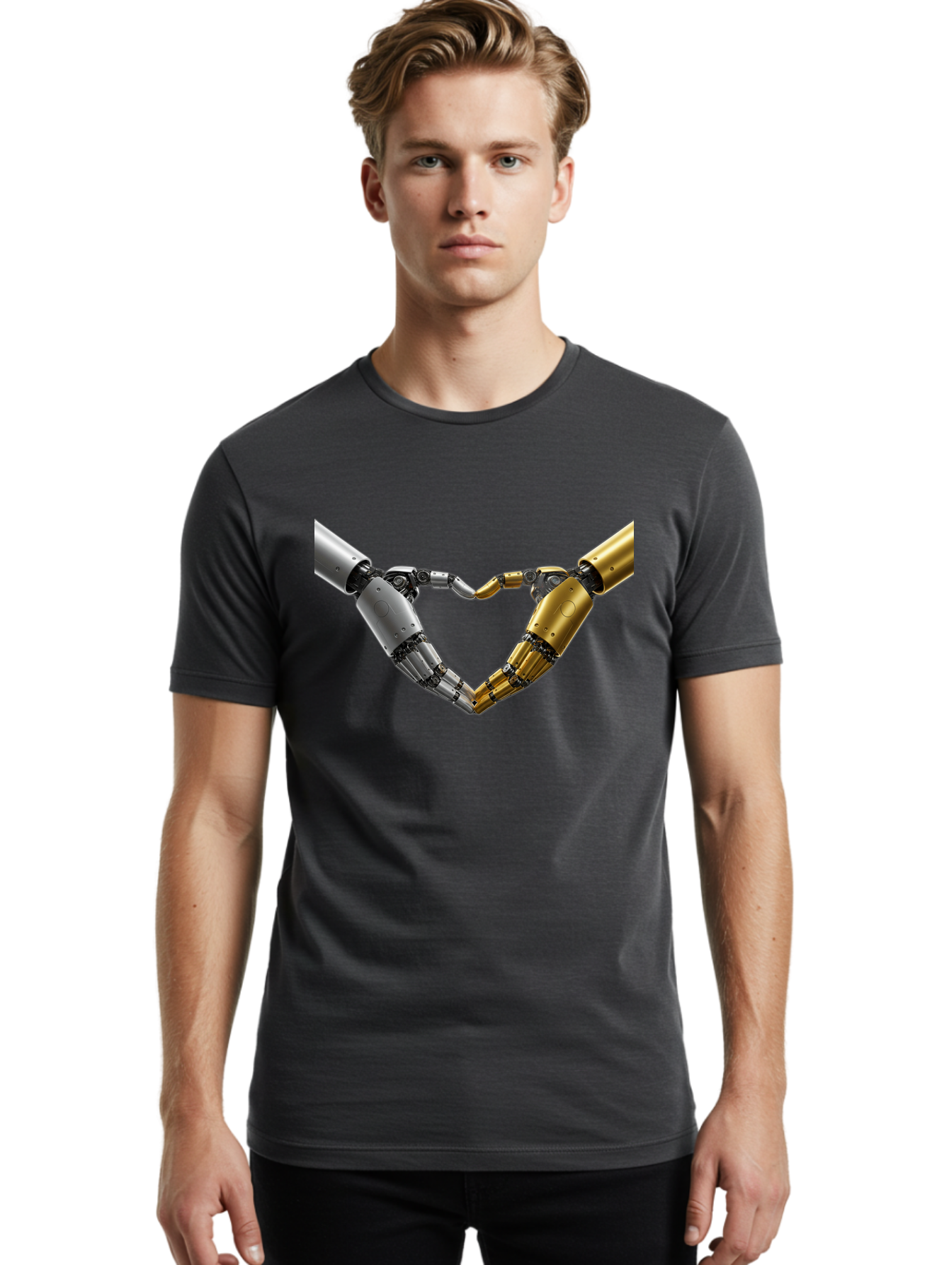 Robotic-Hands Men'S Graphic Tee, 100% Cotton, Comfortable Casual Summer Wear, Machine Washable, Robotic Arms, Mechanical Hands, Artificial Intelligence, Robotic Love, Futuristic Technology, Robotic Connection, Heart Shape Bae080 17