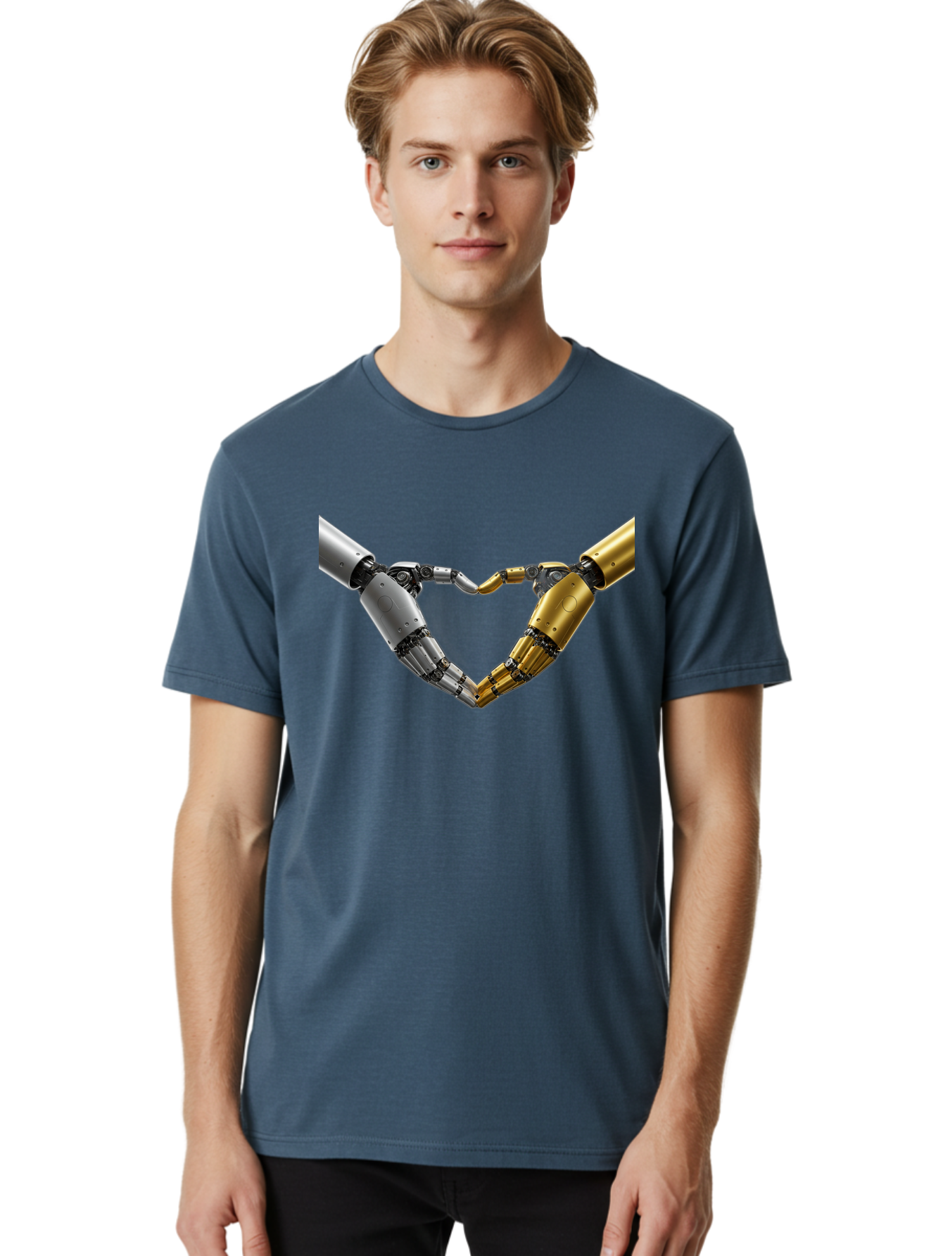 Robotic-Hands Men'S Graphic Tee, 100% Cotton, Comfortable Casual Summer Wear, Machine Washable, Robotic Arms, Mechanical Hands, Artificial Intelligence, Robotic Love, Futuristic Technology, Robotic Connection, Heart Shape Bae080 20