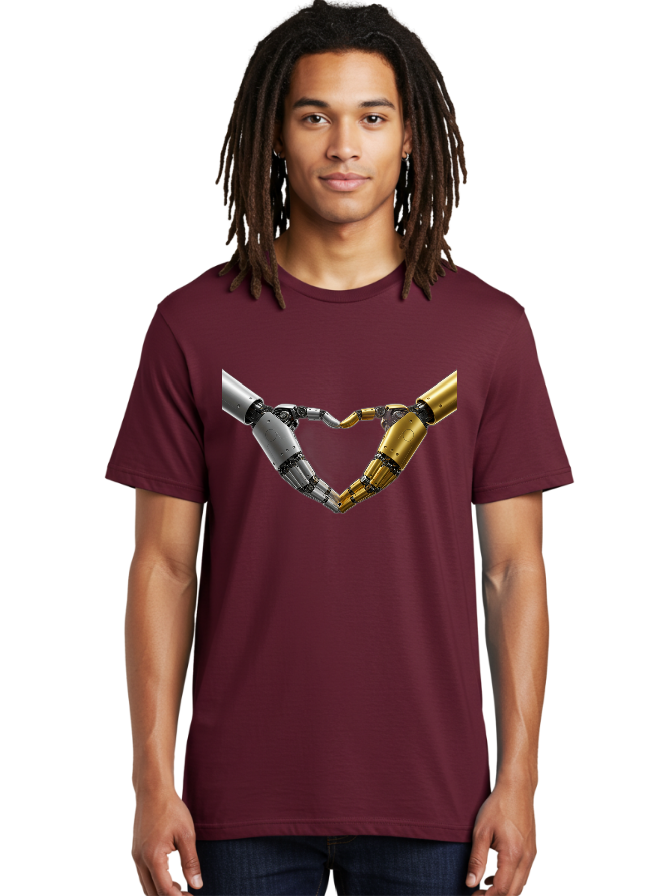 Robotic-Hands Men'S Graphic Tee, 100% Cotton, Comfortable Casual Summer Wear, Machine Washable, Robotic Arms, Mechanical Hands, Artificial Intelligence, Robotic Love, Futuristic Technology, Robotic Connection, Heart Shape Bae080 28